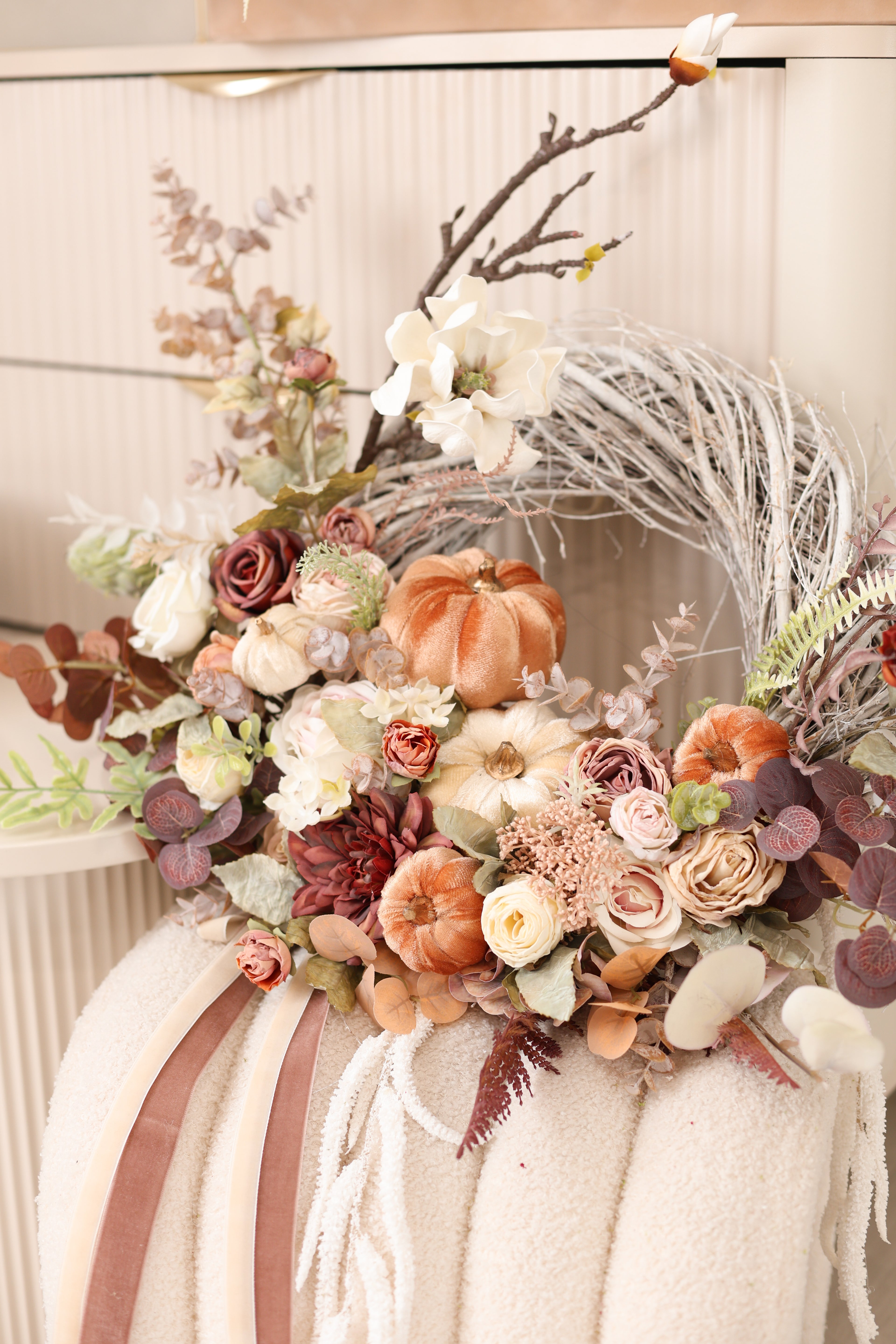 Fall Pumpkin Wreath, Autumn Front Door Wreath, Thanksgiving Wreath, Rustic Fall Floral Wreath, Harvest Decor, Neutral Autumn Wreath