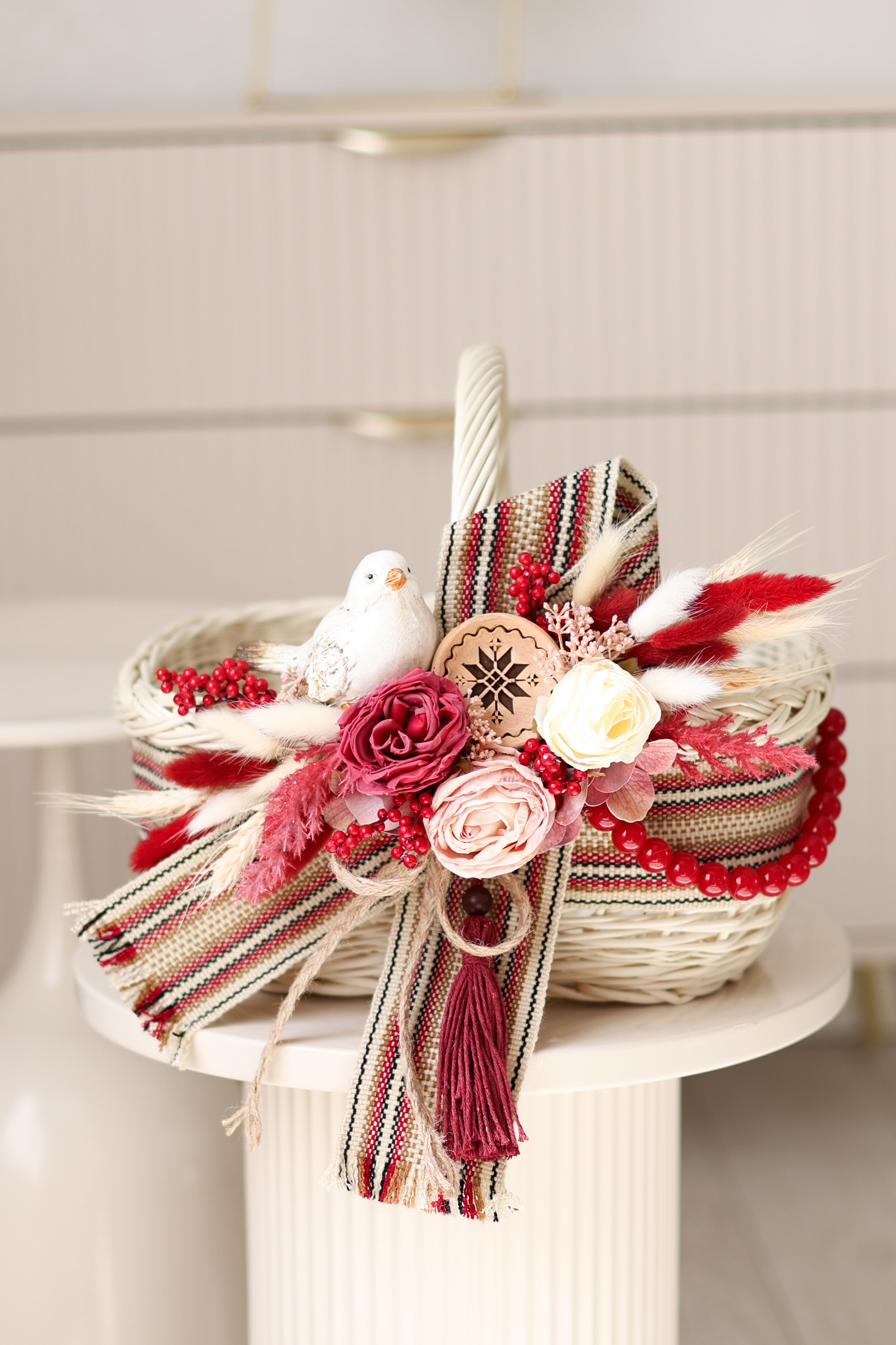 Handmade Ukrainian Easter Basket with Floral Decoration | White Wicker Basket