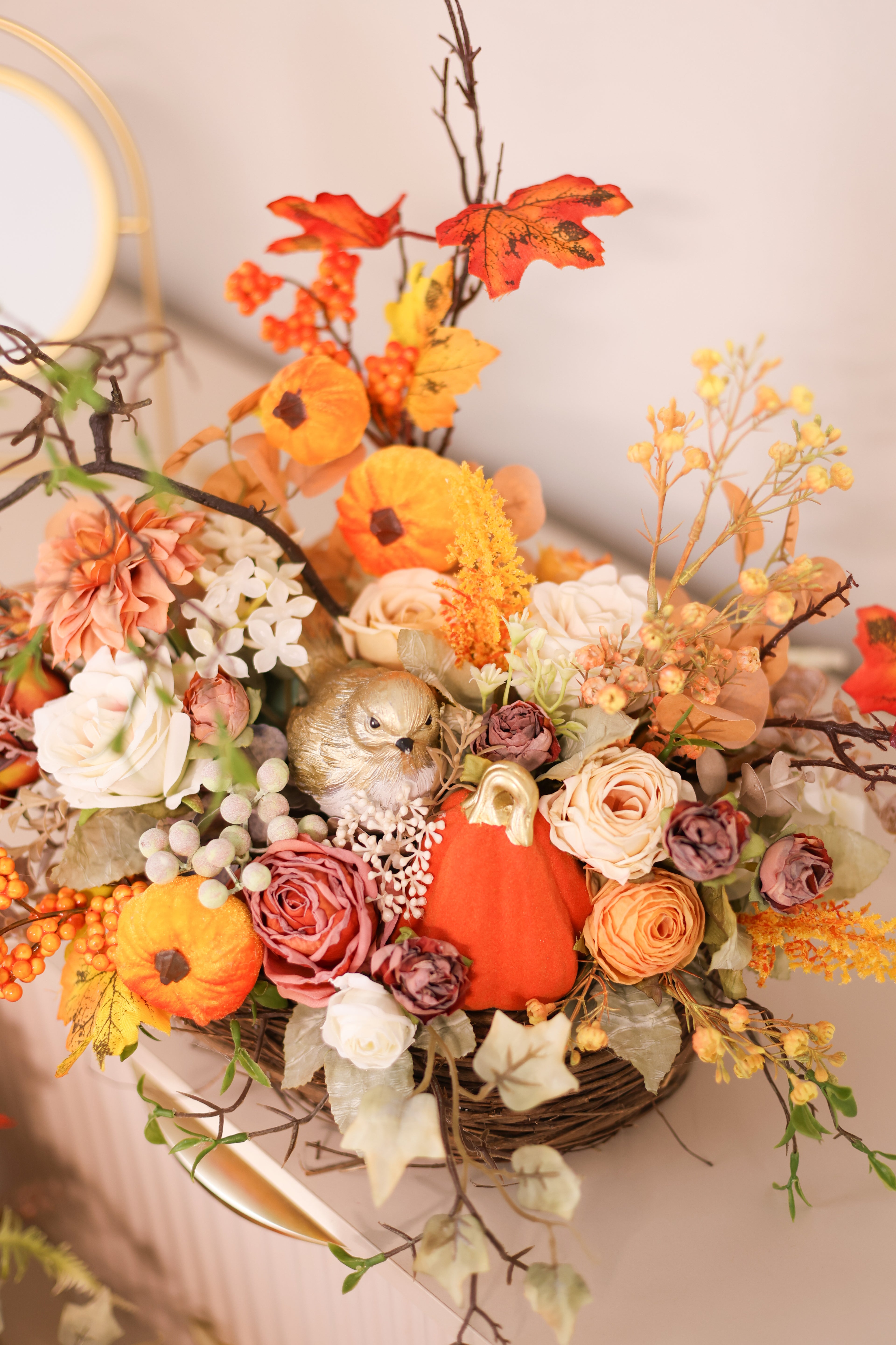 Autumn Table Decor | Thanksgiving Floral Arrangement | Rustic Farmhouse Pumpkin Basket | Harvest Home Decor