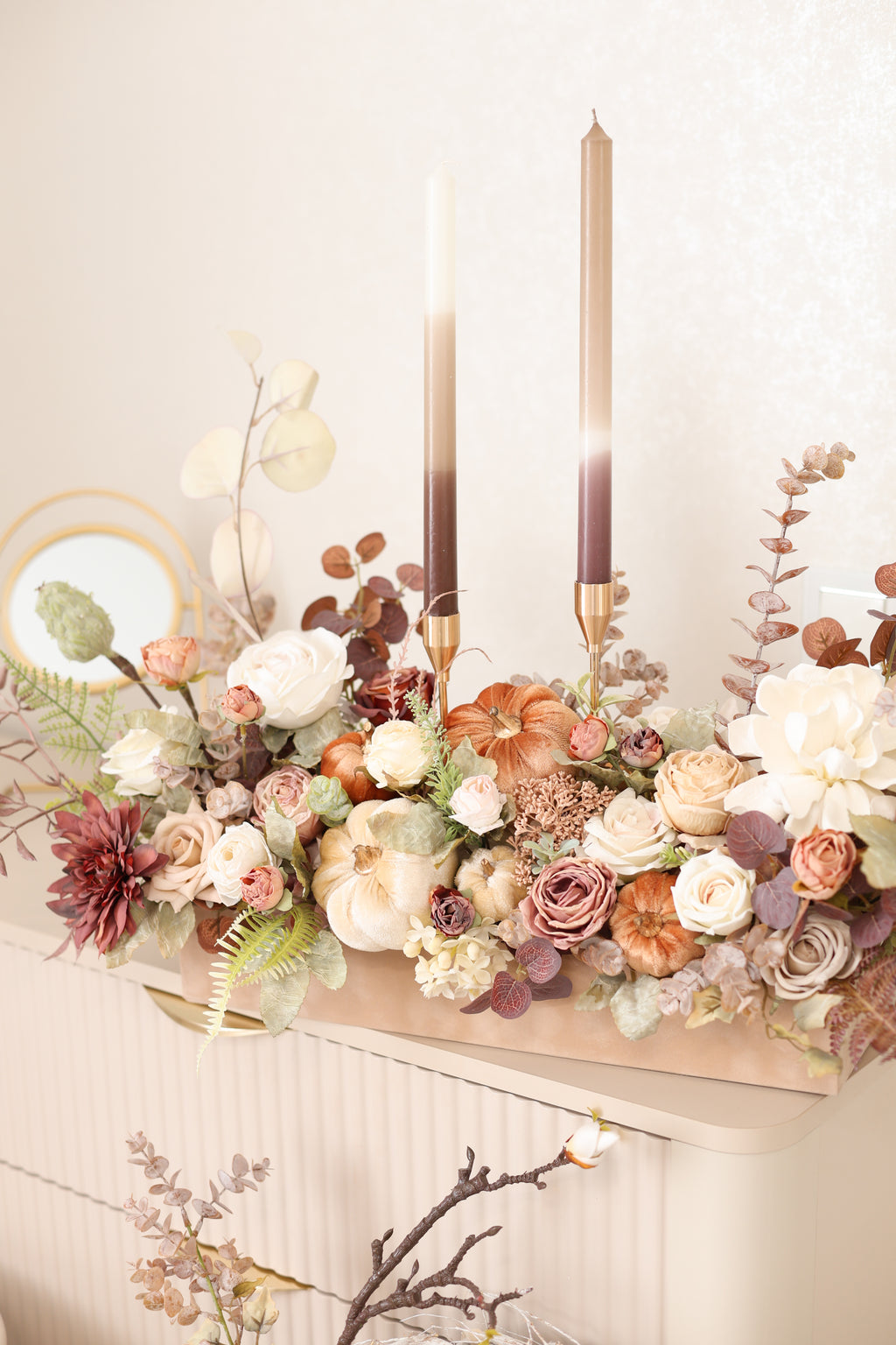 Fall Floral Centerpiece with Pumpkins & Candles, Autumn Table Arrangement, Thanksgiving Decor, Harvest Table Centerpiece, Fall Home Decor