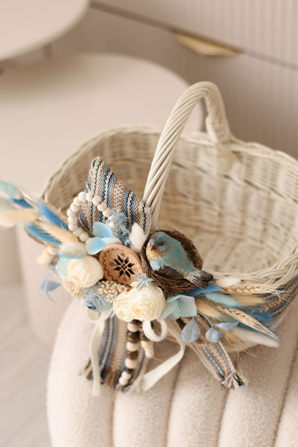 Blue Bird Easter Basket | Handmade Wicker Basket with Floral Decor