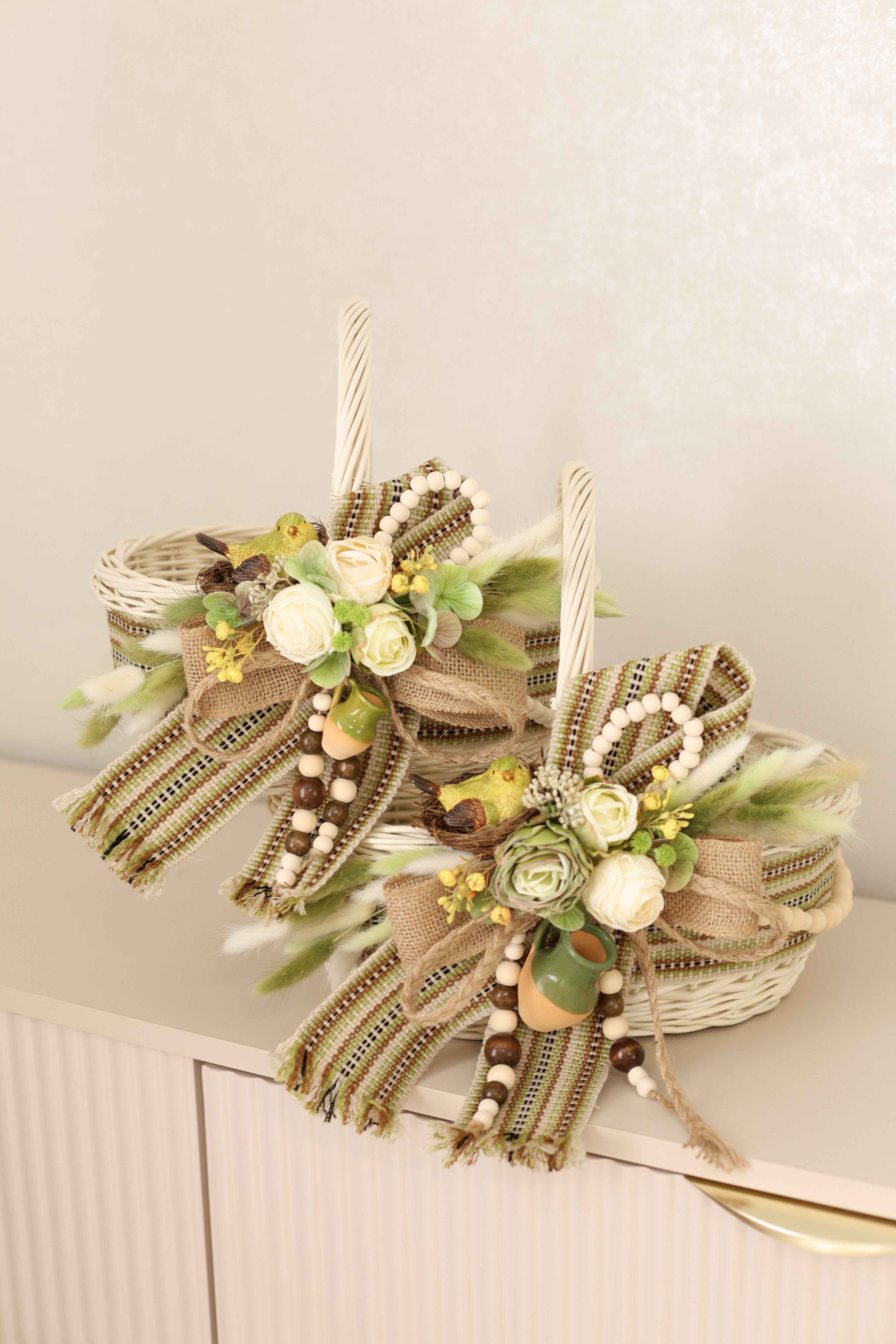 Handmade Harvest Basket | White Wicker Basket | Farmhouse Fall Decor | Rustic Centerpiece | Decorative Wicker Basket | Green Decor