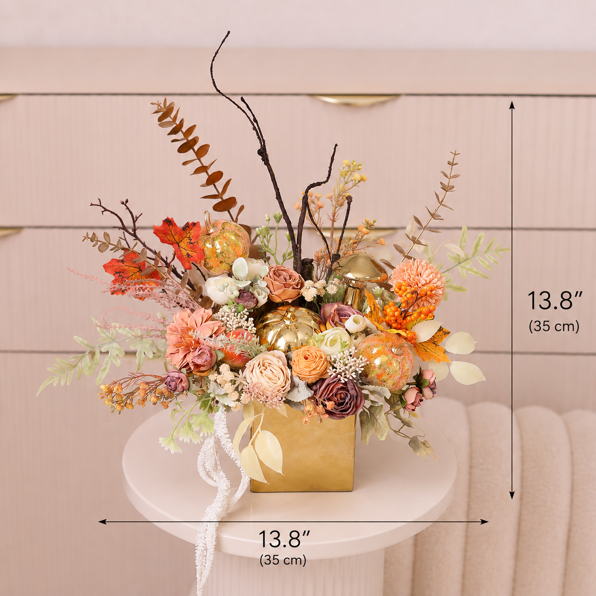 Handmade Autumn Floral Centerpiece with Gold Pumpkins