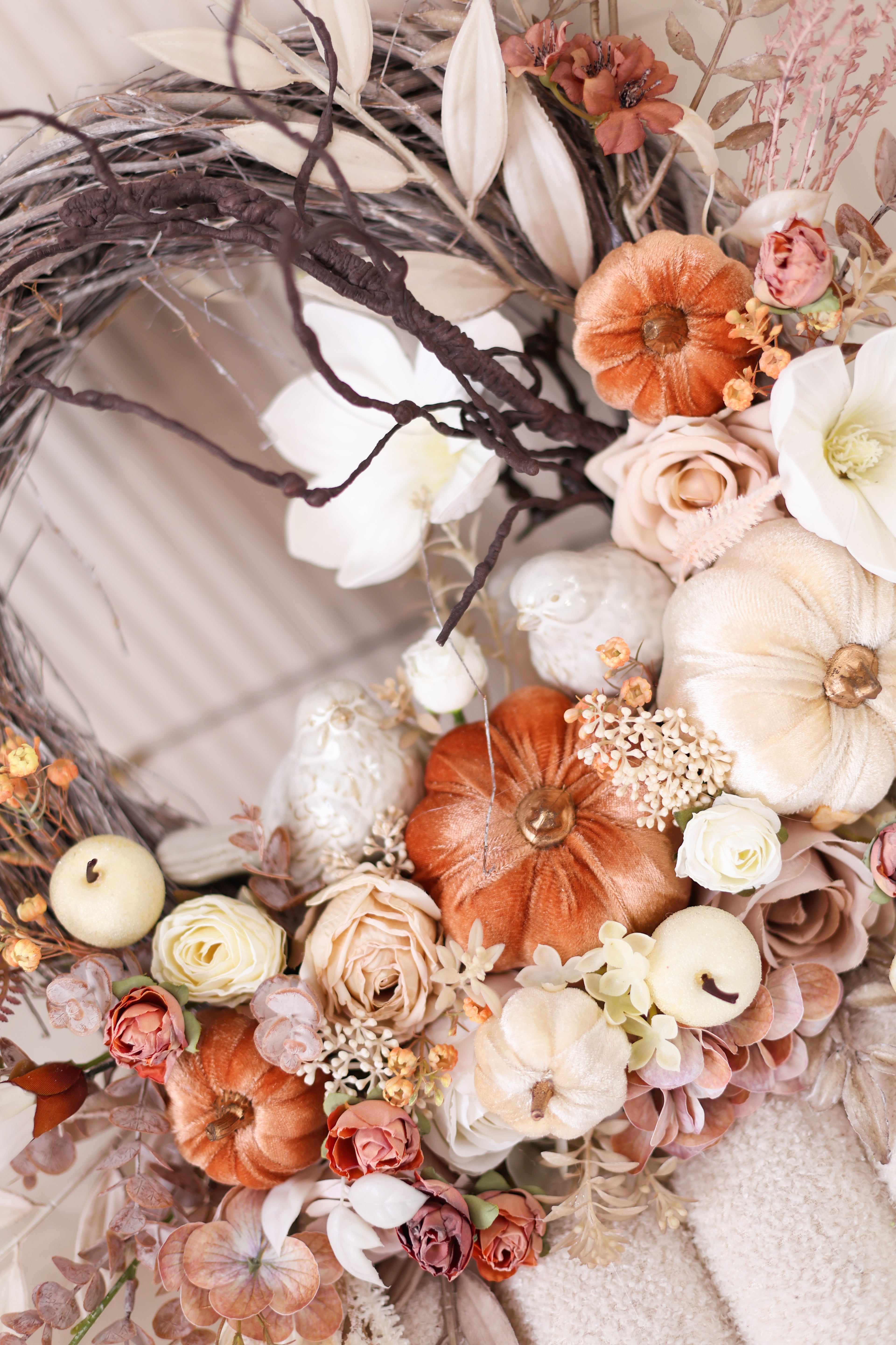 Luxury Neutral Fall Pumpkin Wreath, Handmade Autumn Front Door Wreath, Elegant Thanksgiving Decor