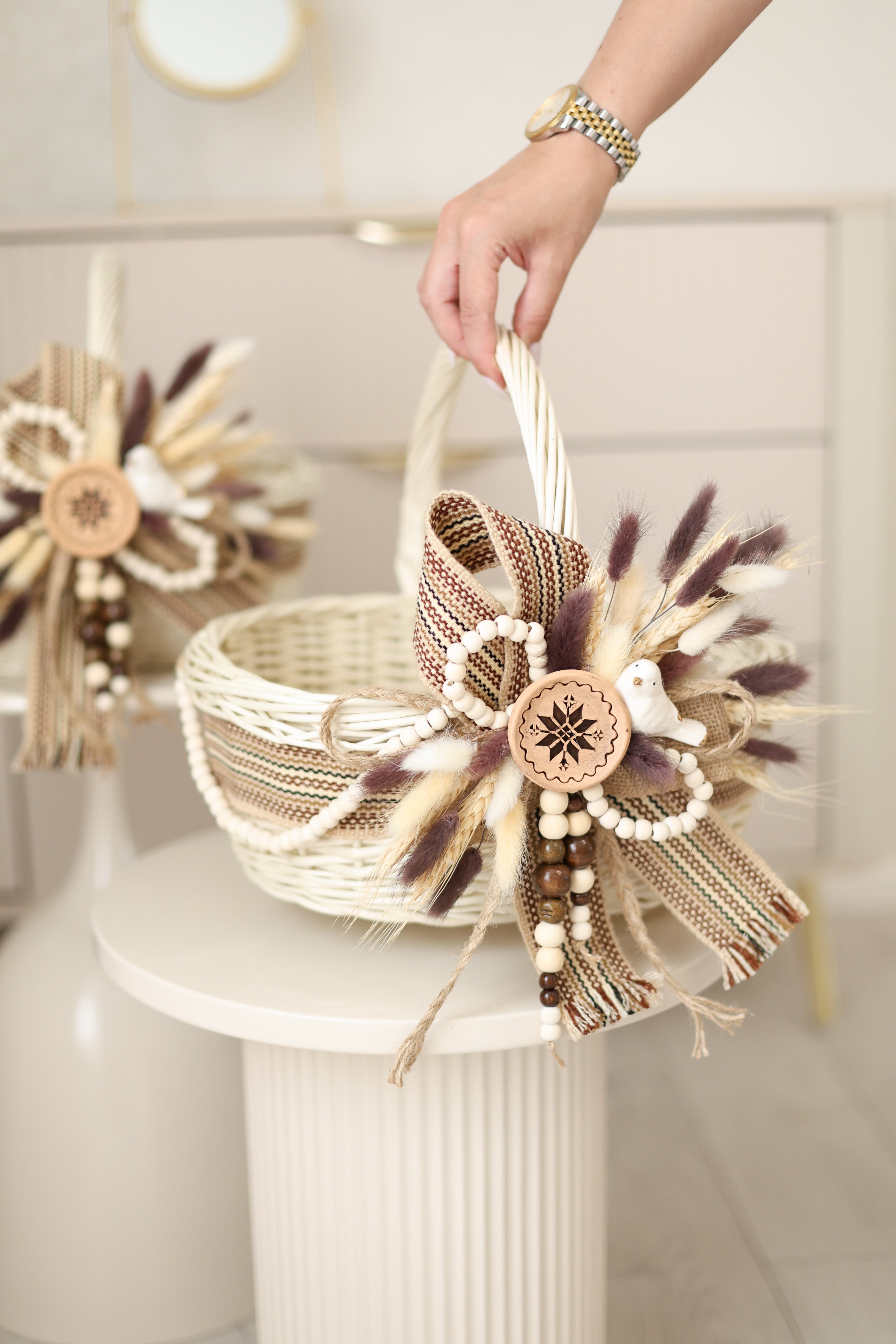 Handmade Harvest Basket | White Wicker Basket | Farmhouse Fall Decor | Rustic Centerpiece | Decorative Wicker Basket