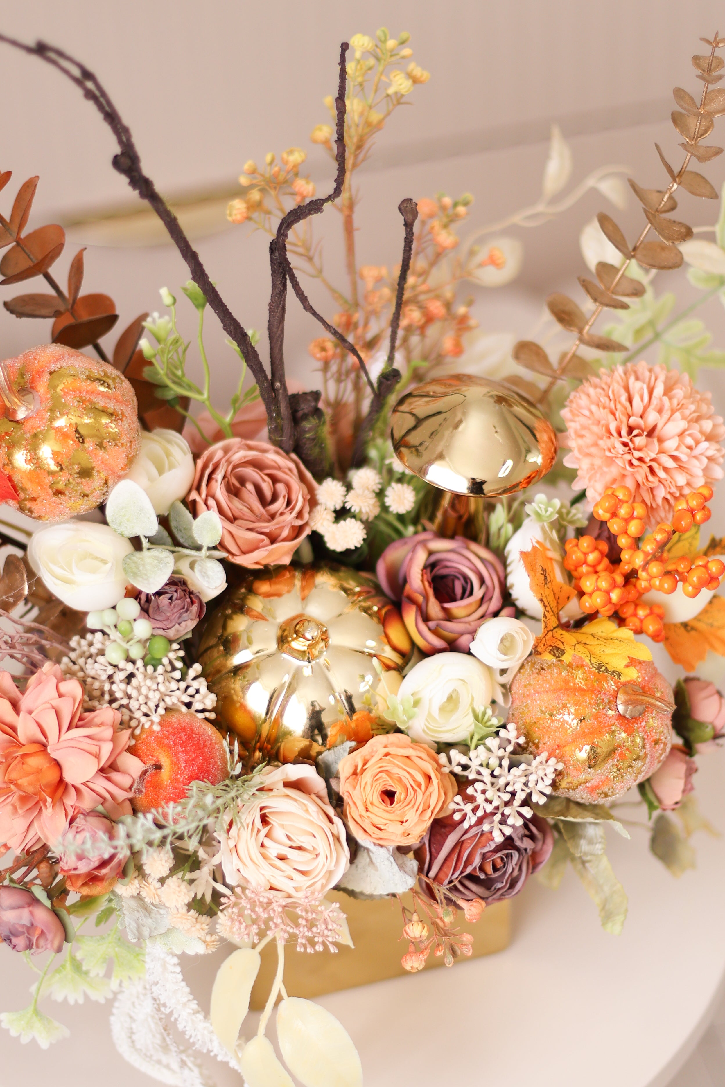 Handcrafted Autumn Floral Arrangement in Ceramic Planter | Fall Table Centerpiece | Pumpkin Decor
