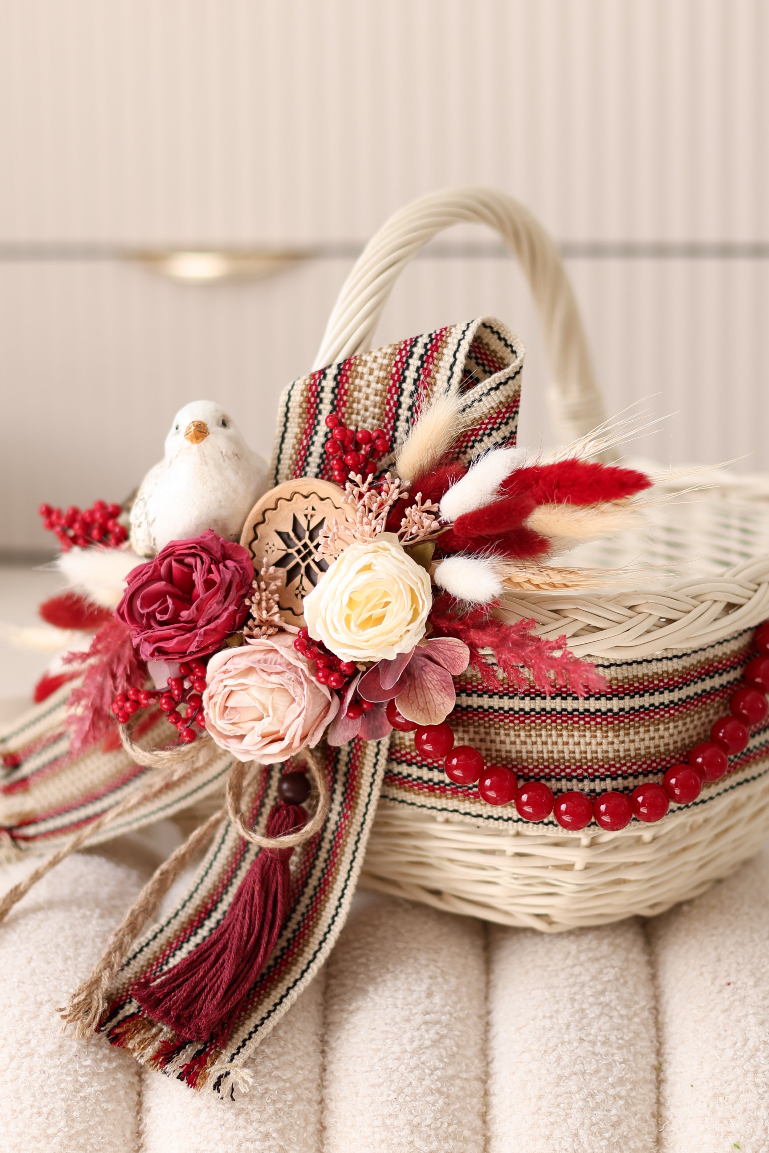Handmade Ukrainian Easter Basket with Floral Decoration | White Wicker Basket