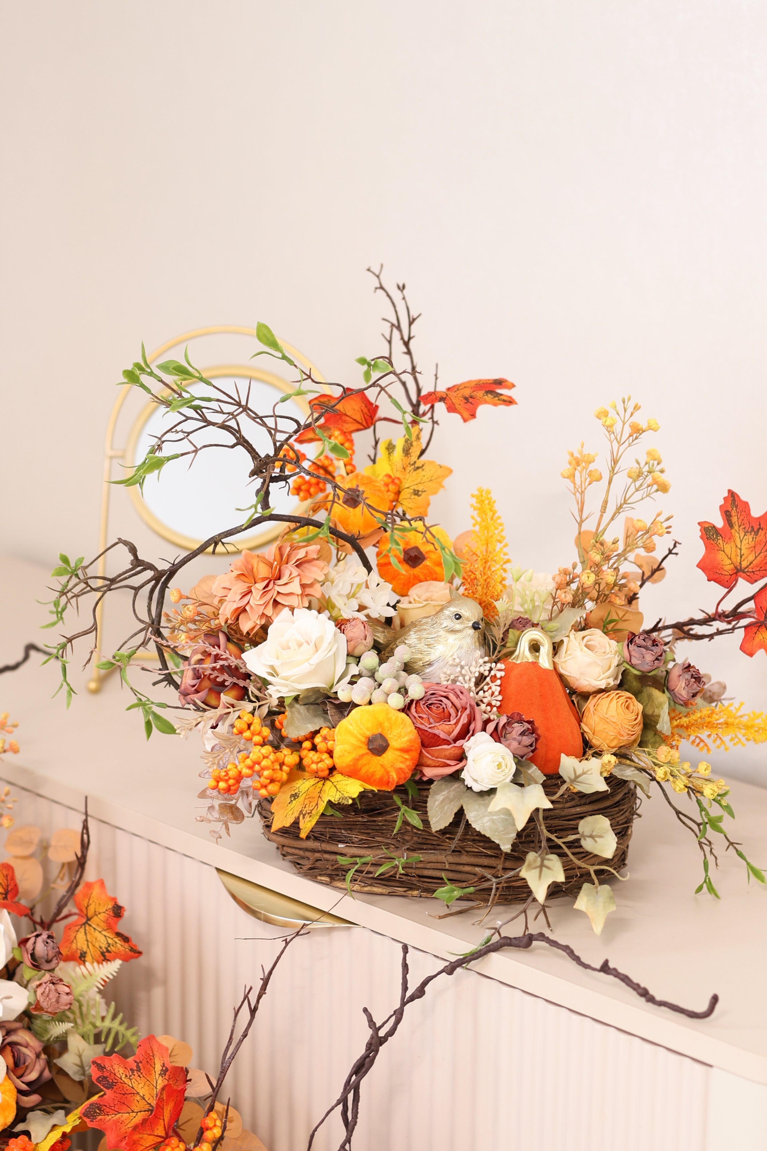 Autumn Table Decor | Thanksgiving Floral Arrangement | Rustic Farmhouse Pumpkin Basket | Harvest Home Decor