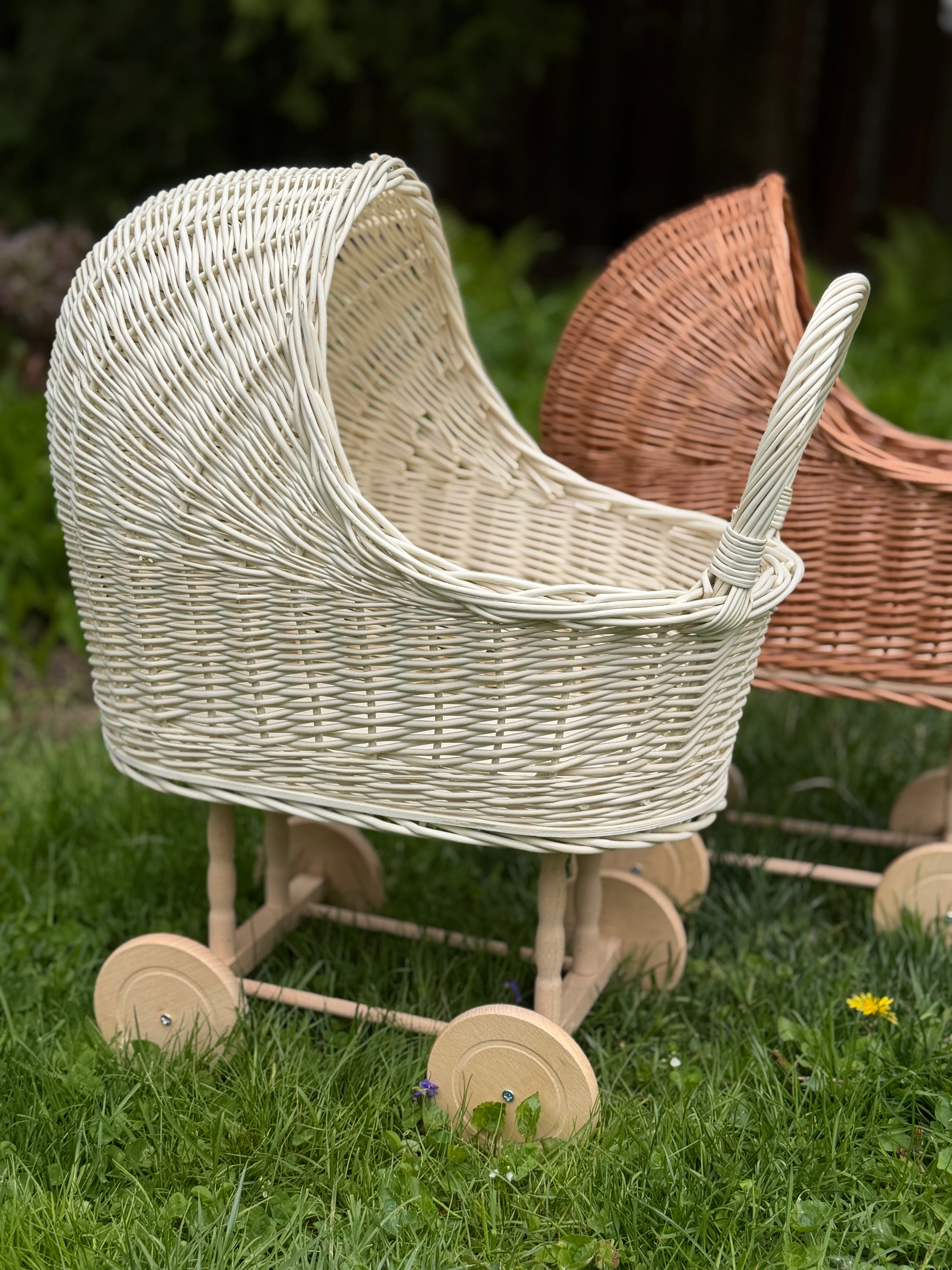 Handmade Wicker Doll Stroller – Natural Rattan Baby Carriage, Boho Nursery Decor, Vintage Toy Pram.