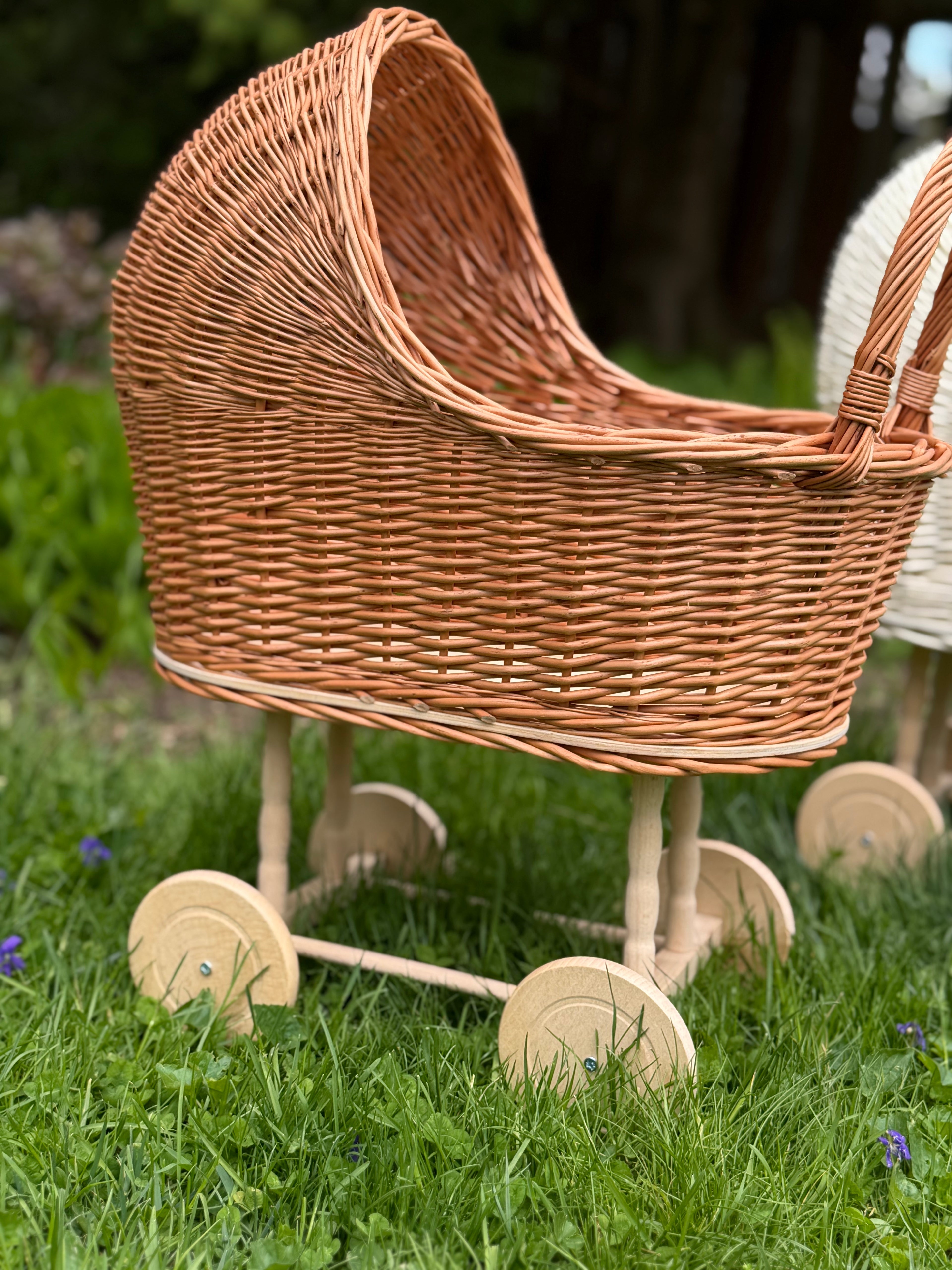 Handmade Wicker Doll Stroller – Natural Rattan Baby Carriage, Boho Nursery Decor, Vintage Toy Pram.