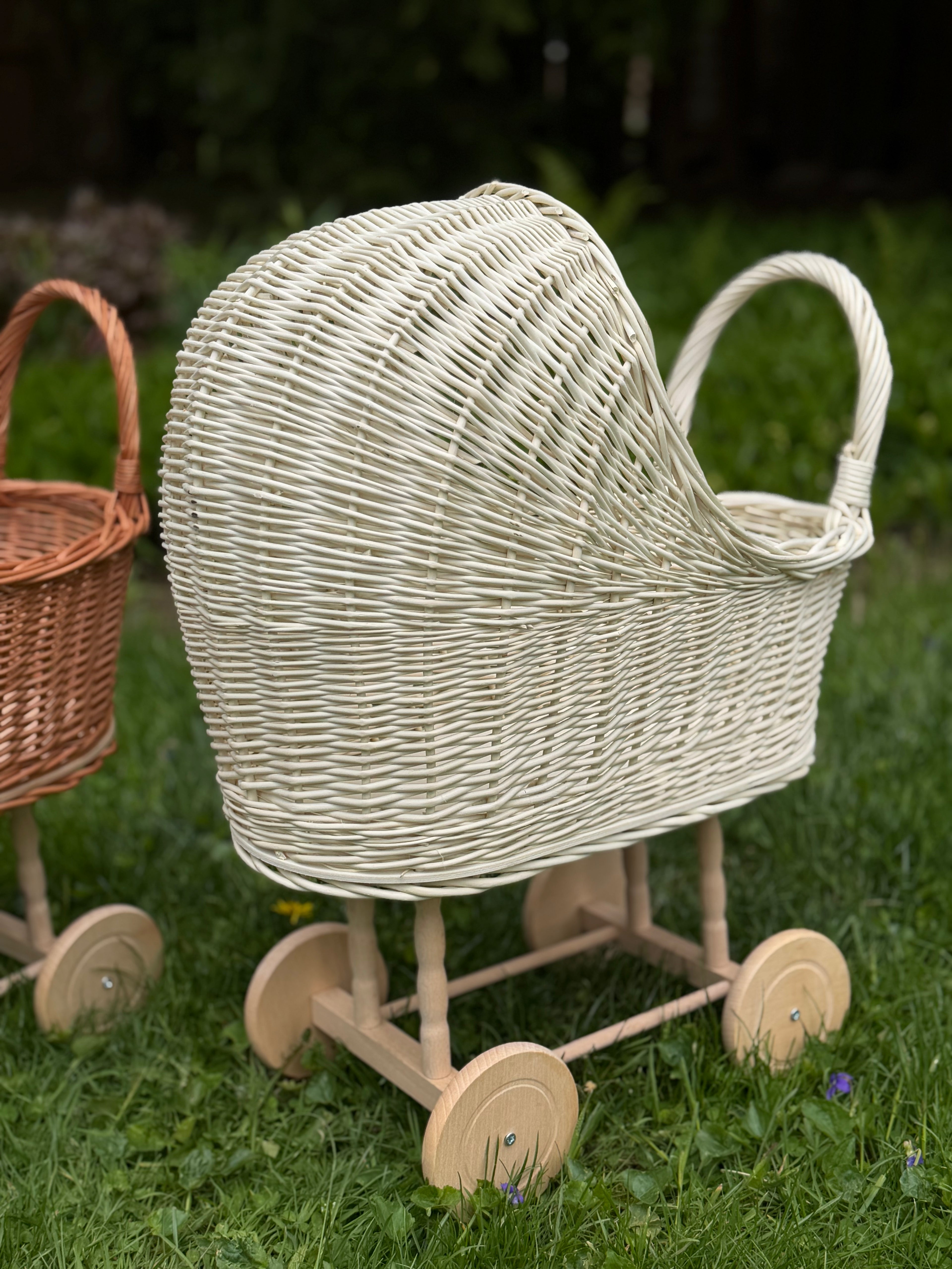 Handmade Wicker Doll Stroller – Natural Rattan Baby Carriage, Boho Nursery Decor, Vintage Toy Pram.