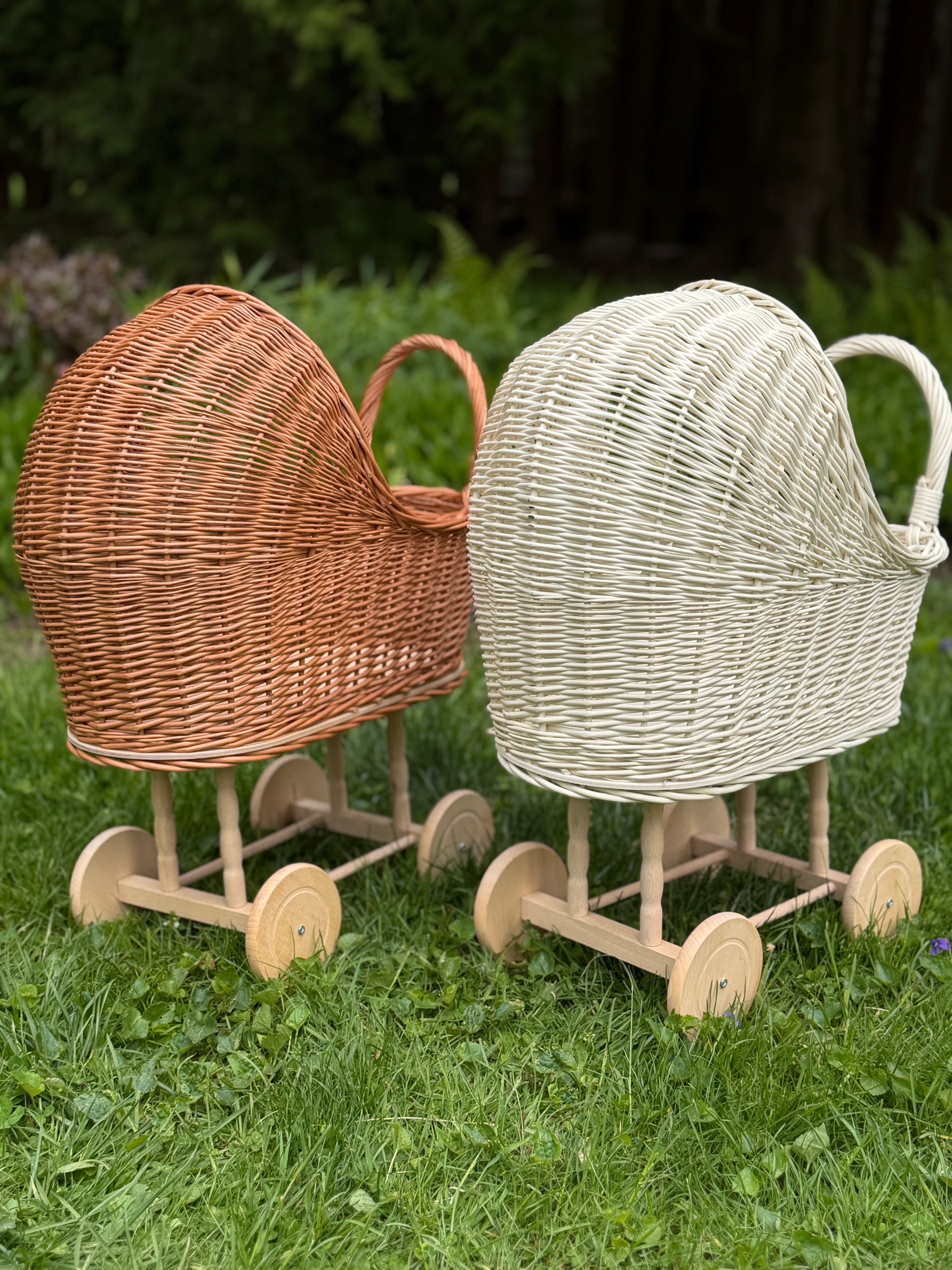 Handmade Wicker Doll Stroller – Natural Rattan Baby Carriage, Boho Nursery Decor, Vintage Toy Pram.