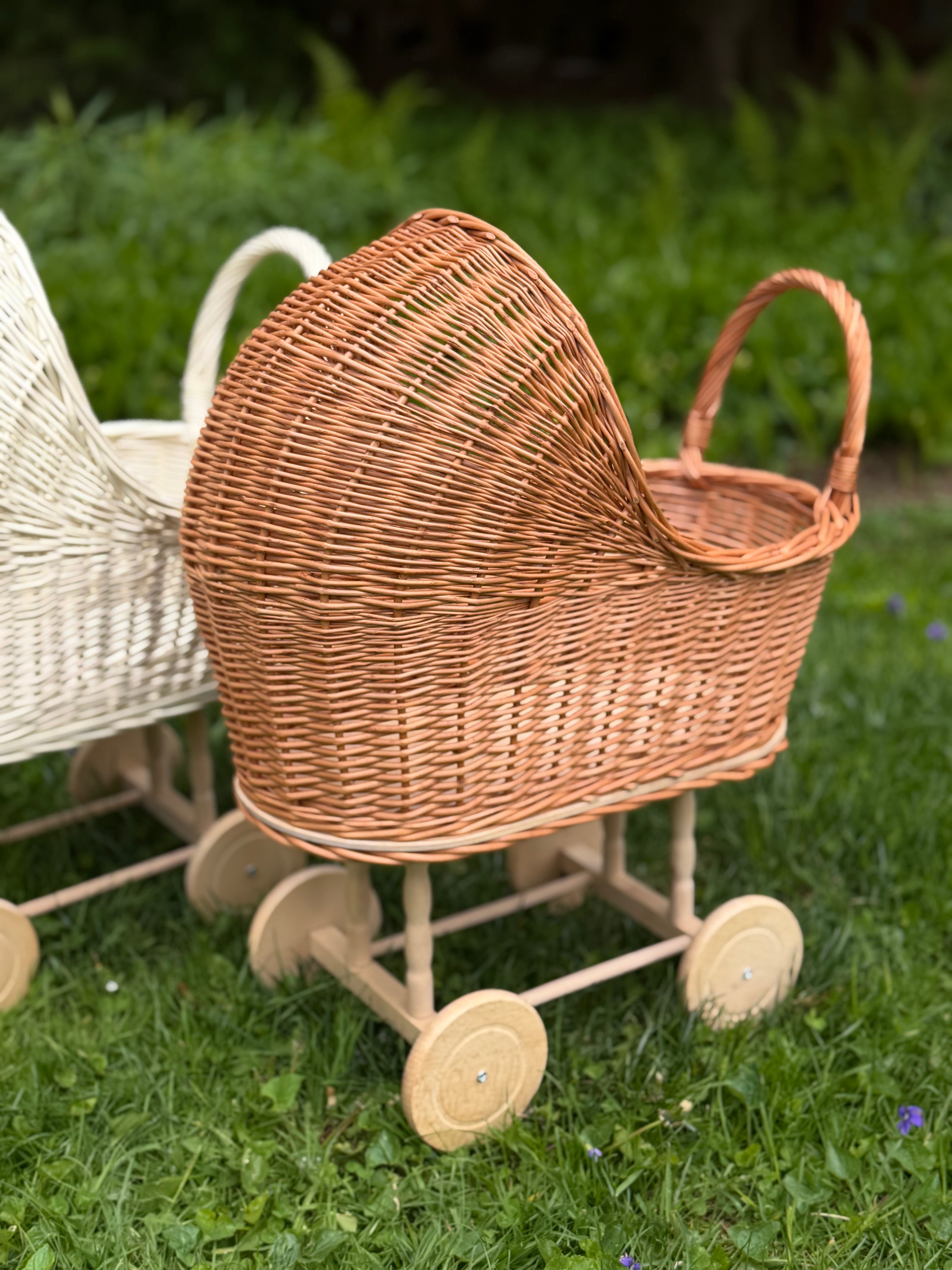Handmade Wicker Doll Stroller – Natural Rattan Baby Carriage, Boho Nursery Decor, Vintage Toy Pram.