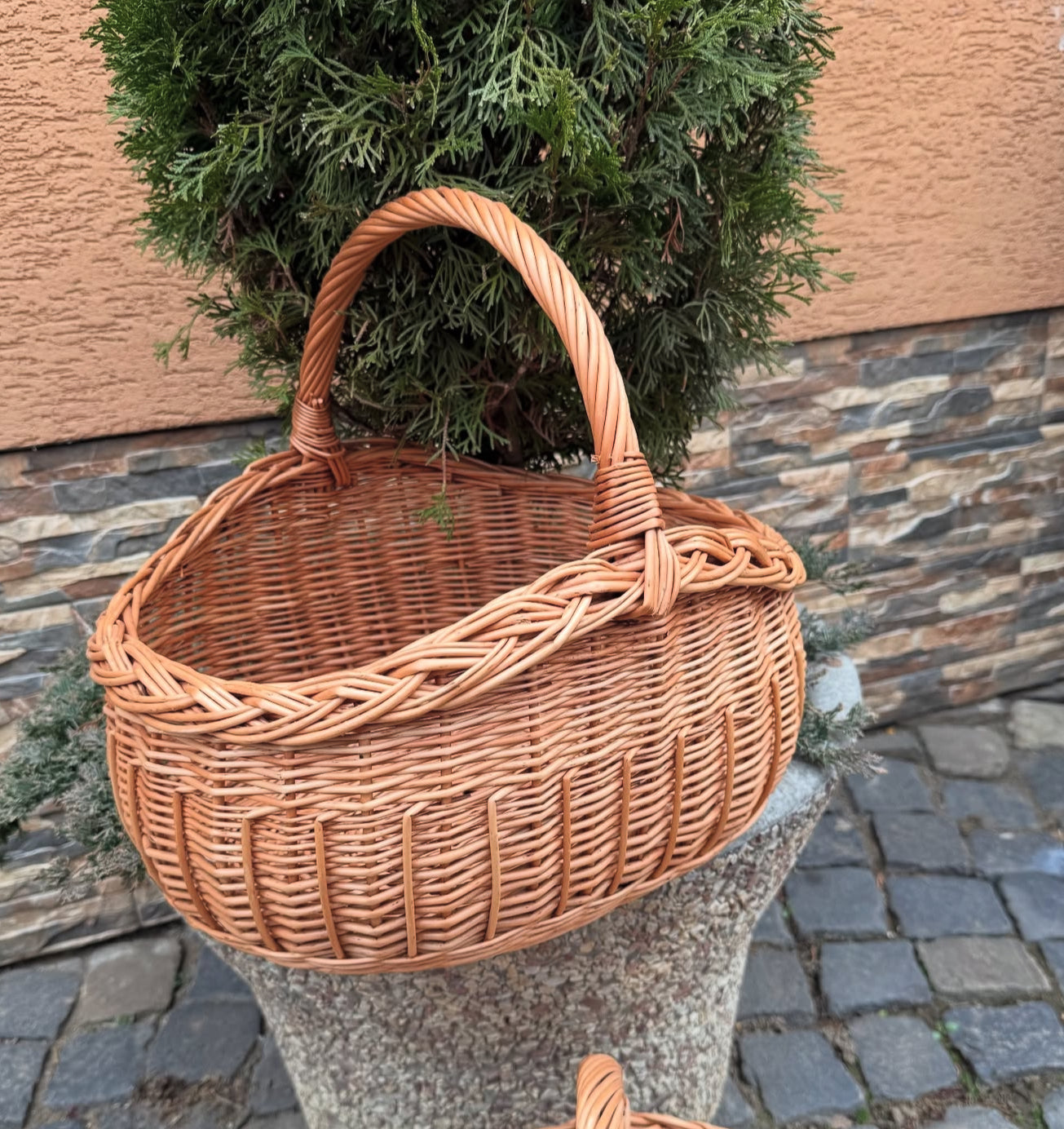 Handwoven Willow Basket: Rustic Big Shape Whitewashed and Brown