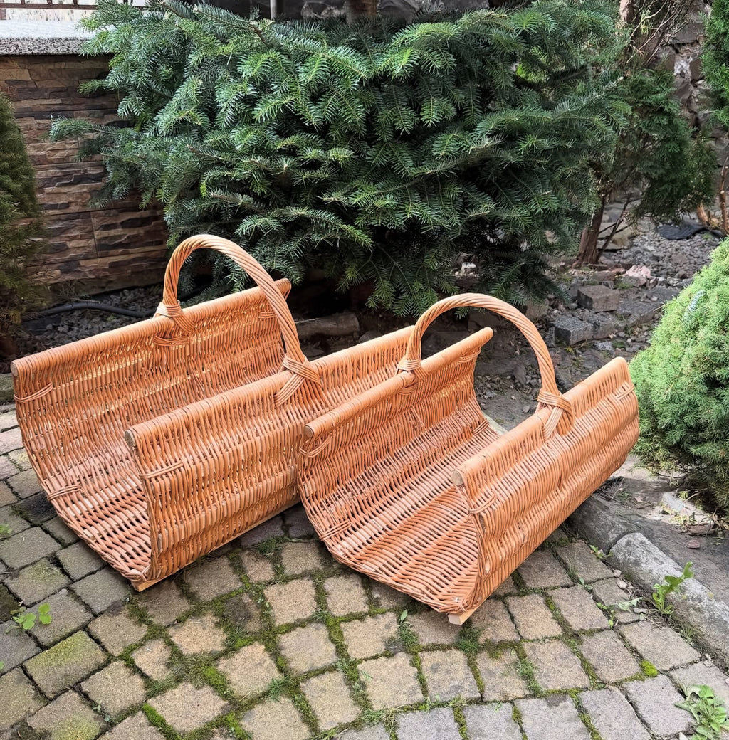 Handwoven Willow Firewood Basket Set | Rustic Log Storage Basket | Large Wicker Fireplace Carrier | Farmhouse Wood Holder