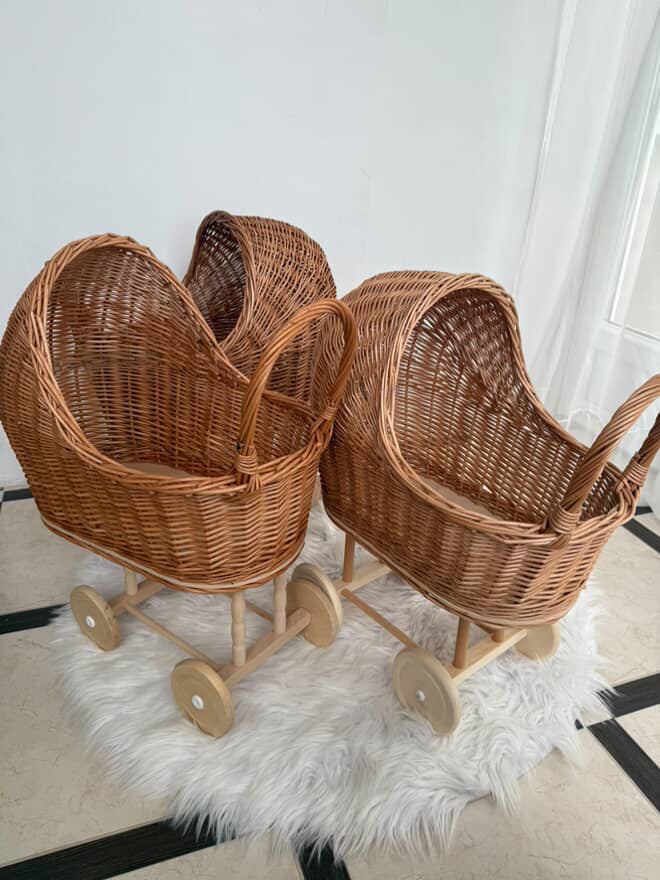 Handmade Wicker Doll Stroller – Natural Rattan Baby Carriage, Boho Nursery Decor, Vintage Toy Pram.