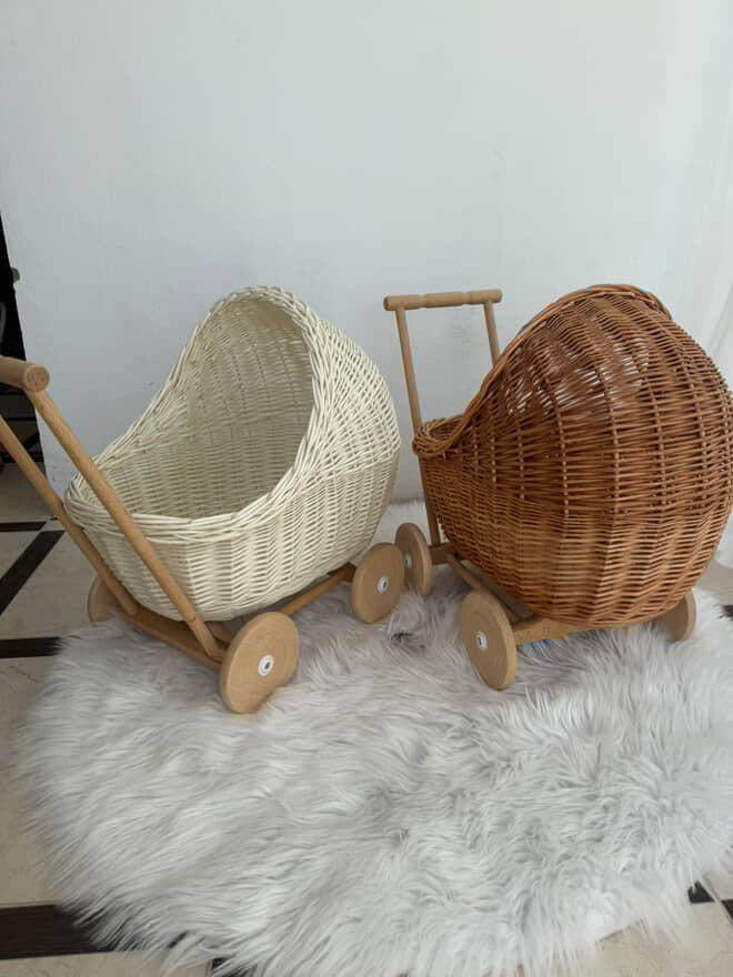 Handmade Wicker Doll Stroller – Natural Rattan Baby Carriage, Boho Nursery Decor, Vintage Toy