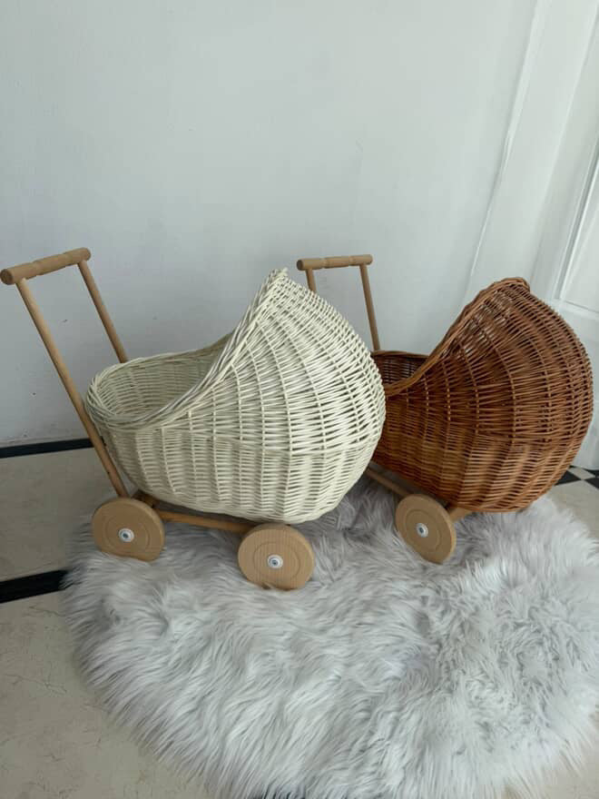Handmade Wicker Doll Stroller – Natural Rattan Baby Carriage, Boho Nursery Decor, Vintage Toy