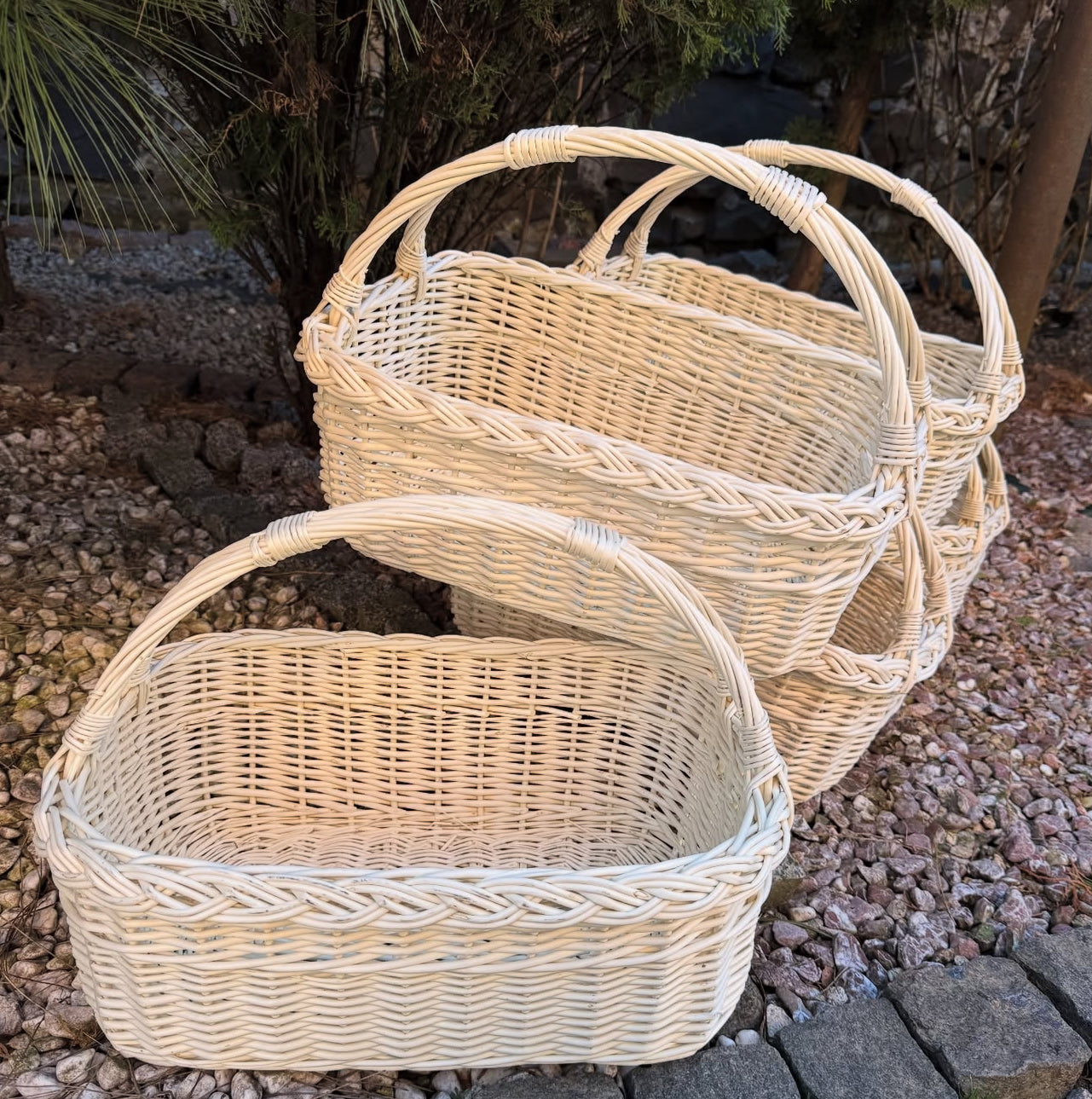 Whitewashed Wicker Basket – Handmade Natural Willow Basket with Handle and Braided Rim. Storage Decor
