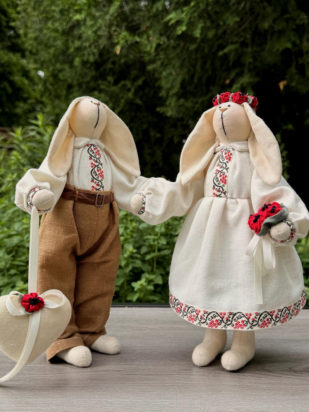 Handmade Bunny Couple in Ukrainian Outfit, Embroidered Folk Dolls