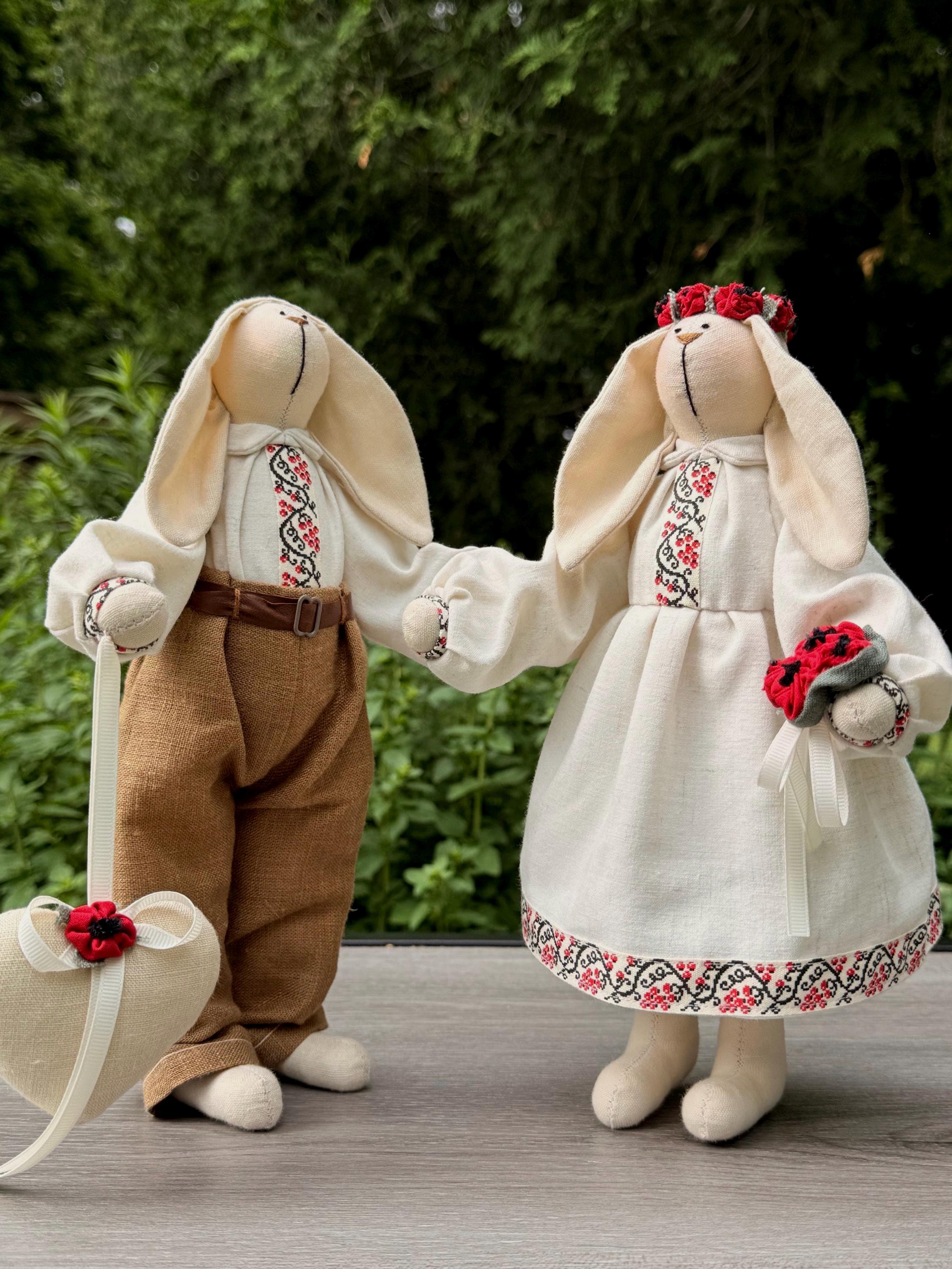 Handmade Bunny Couple in Ukrainian Outfit, Embroidered Folk Dolls