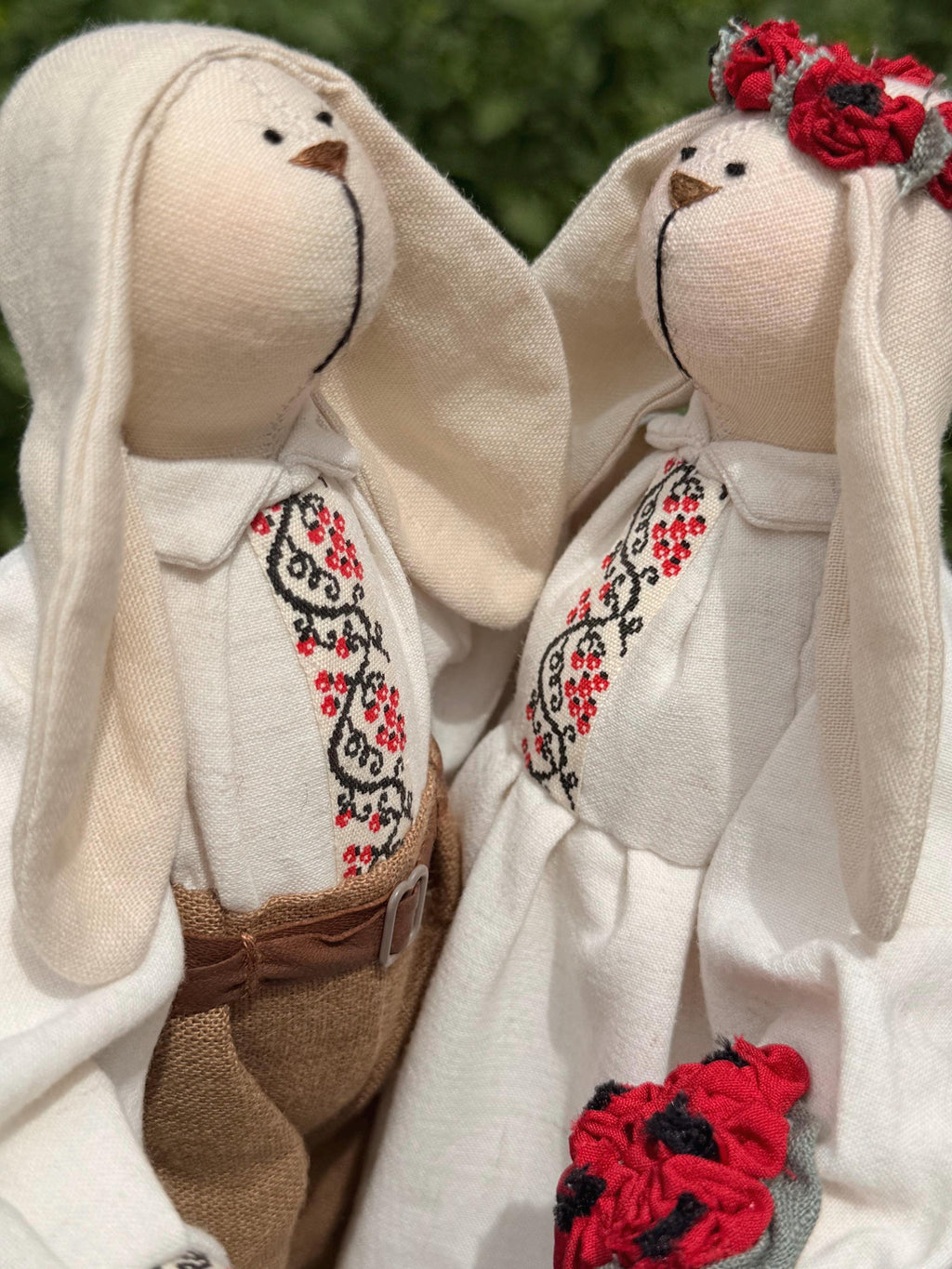 Handmade Bunny Couple in Ukrainian Outfit, Embroidered Folk Dolls