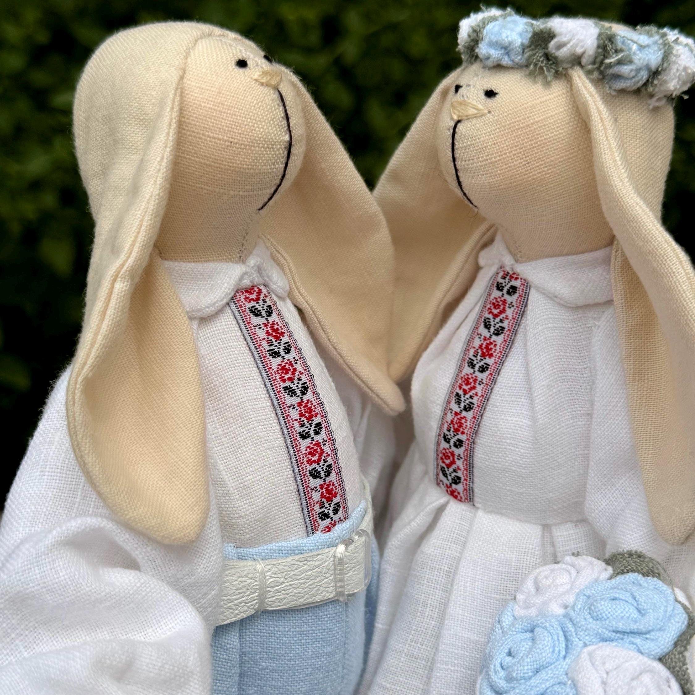 Handmade Bunny Couple Dolls: Ukrainian Outfit, Embroidered Folk Design