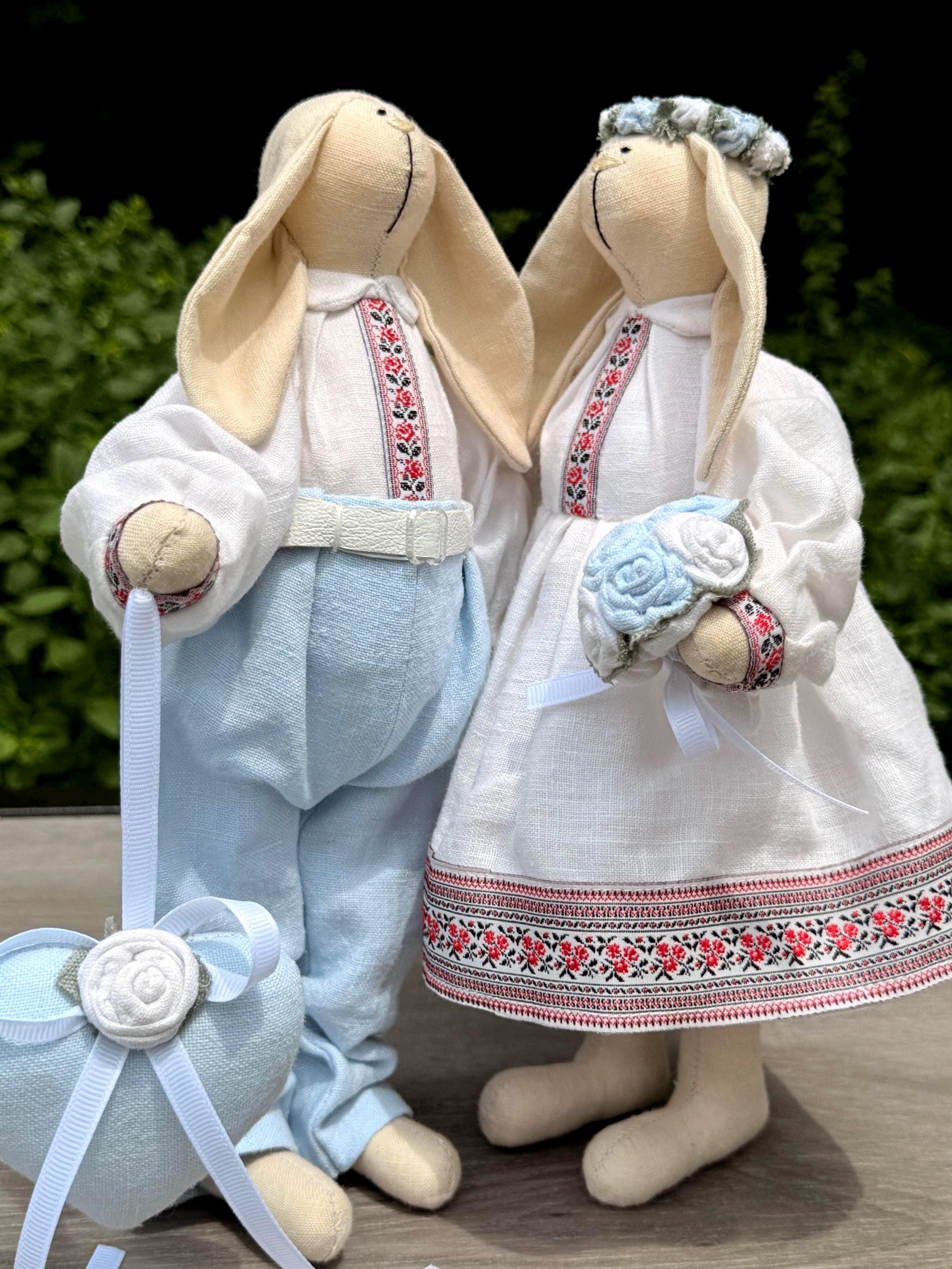 Handmade Bunny Couple Dolls: Ukrainian Outfit, Embroidered Folk Design