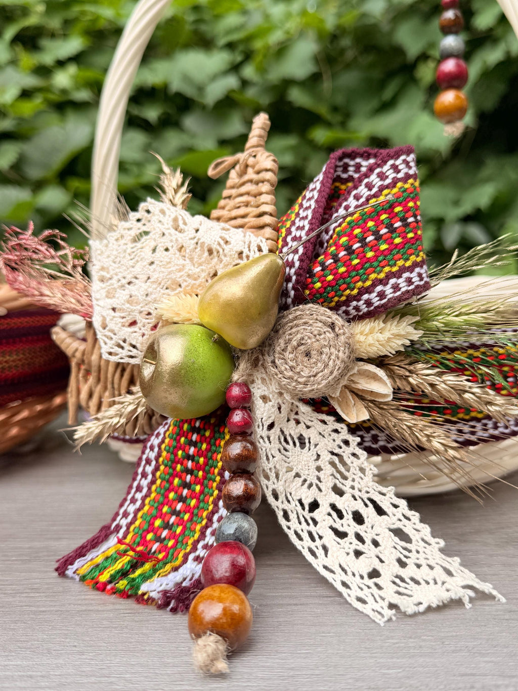 Handmade Willow Basket with Ukrainian Embroidered Ribbon & Kosiv Ceramics