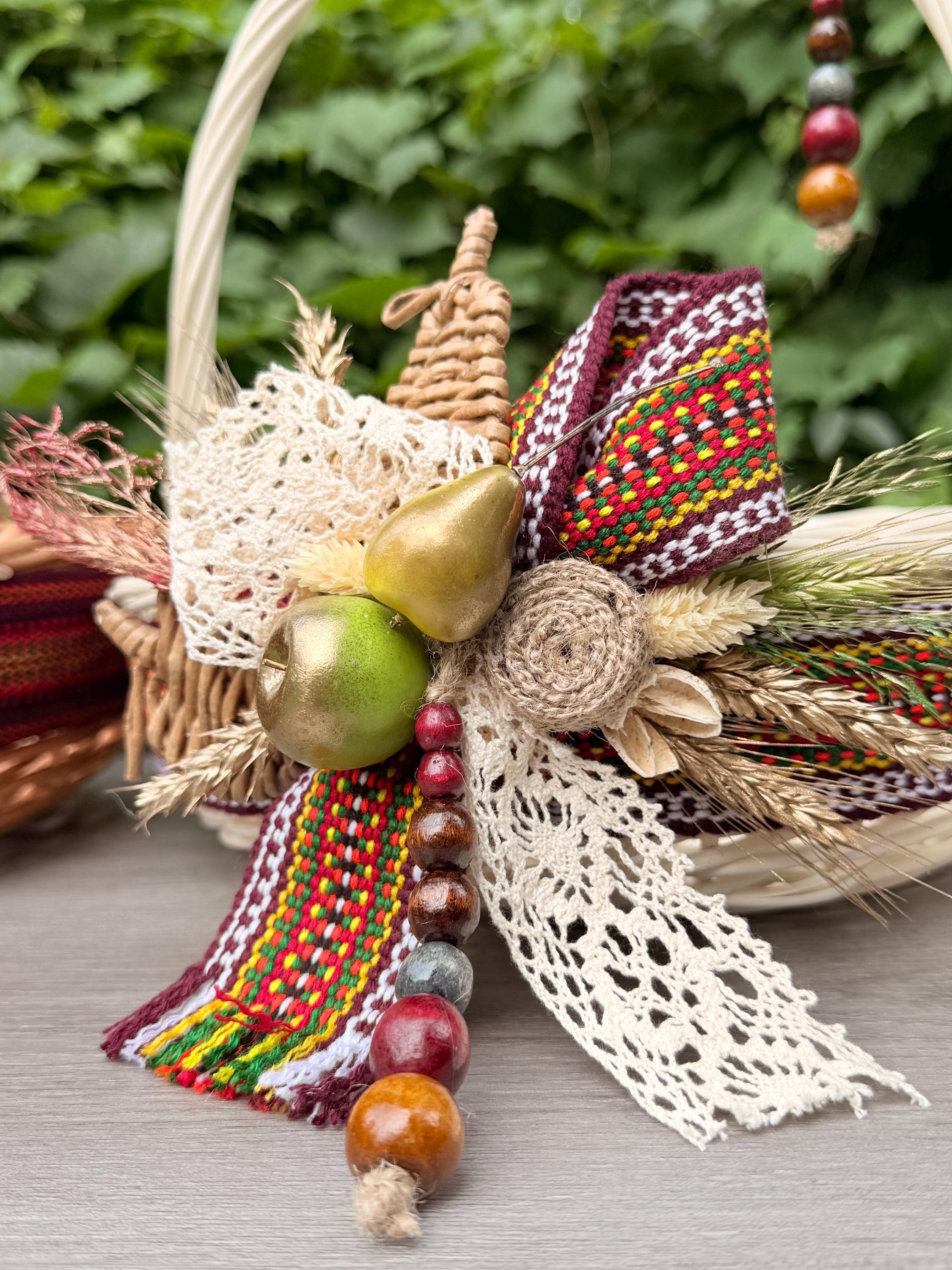 Handmade Willow Basket with Ukrainian Embroidered Ribbon & Kosiv Ceramics