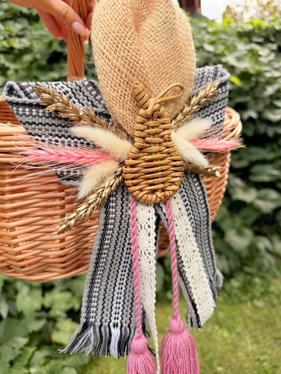 Handmade Willow Pear Decoration: Burlap & Pink Tassels, Rustic Basket Ornament