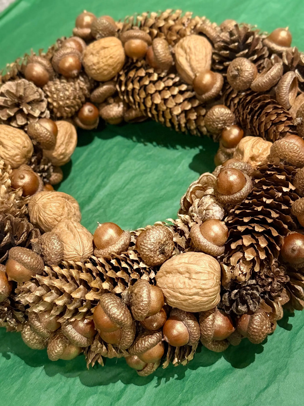 Handmade Gold Holiday Wreath, Natural Pinecones & Acorns