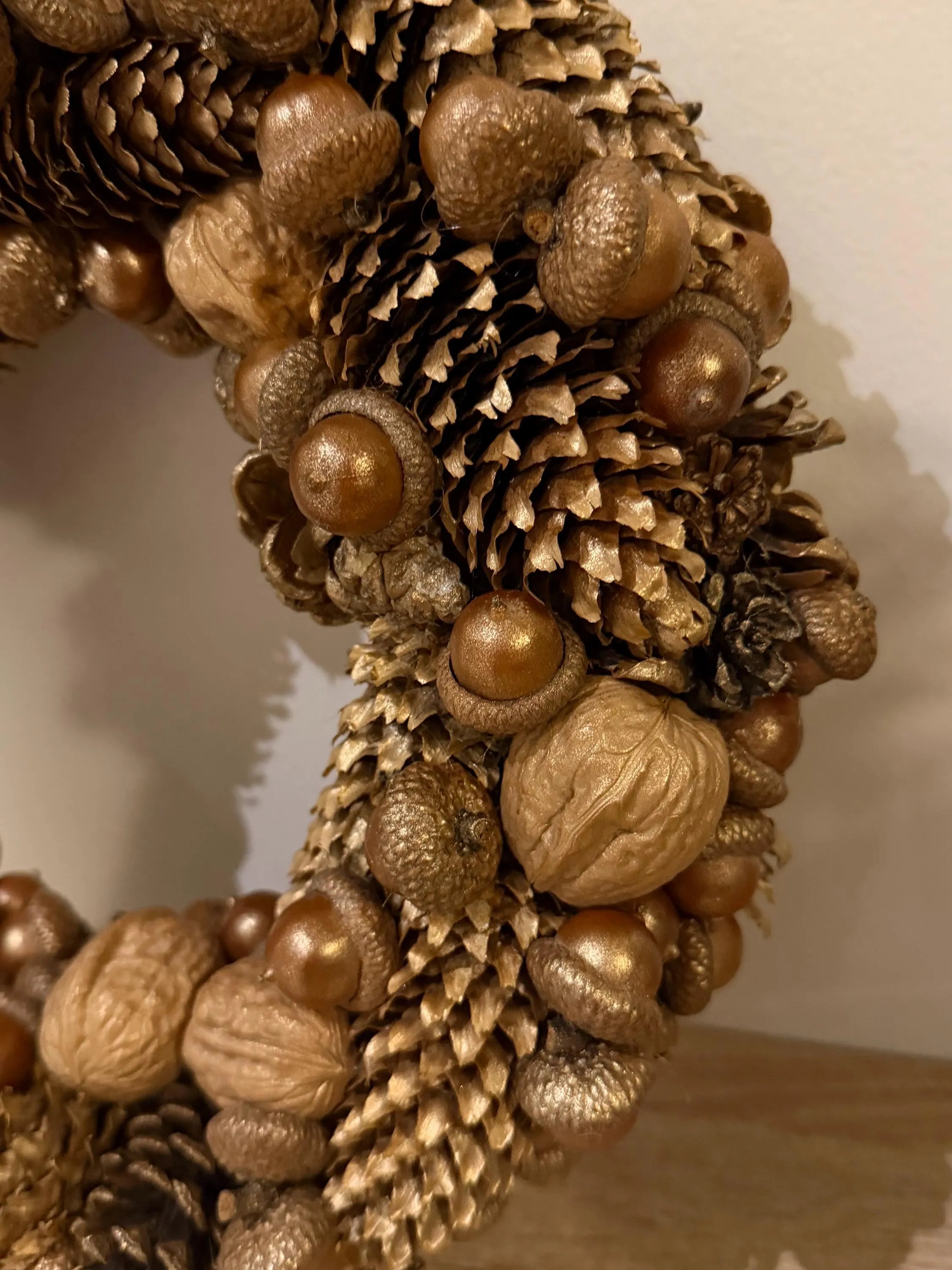 Handmade Gold Holiday Wreath, Natural Pinecones & Acorns