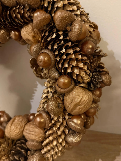 Handmade Gold Holiday Wreath, Natural Pinecones & Acorns