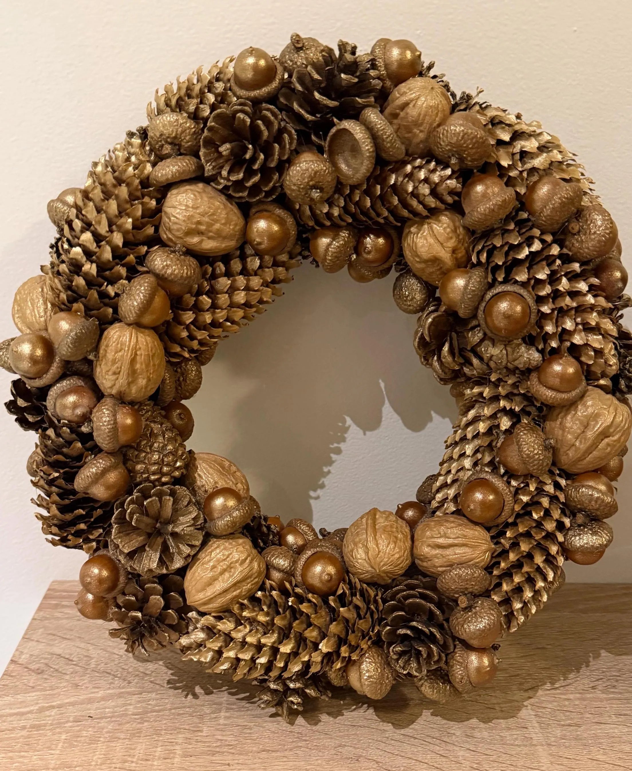 Handmade Gold Holiday Wreath, Natural Pinecones & Acorns