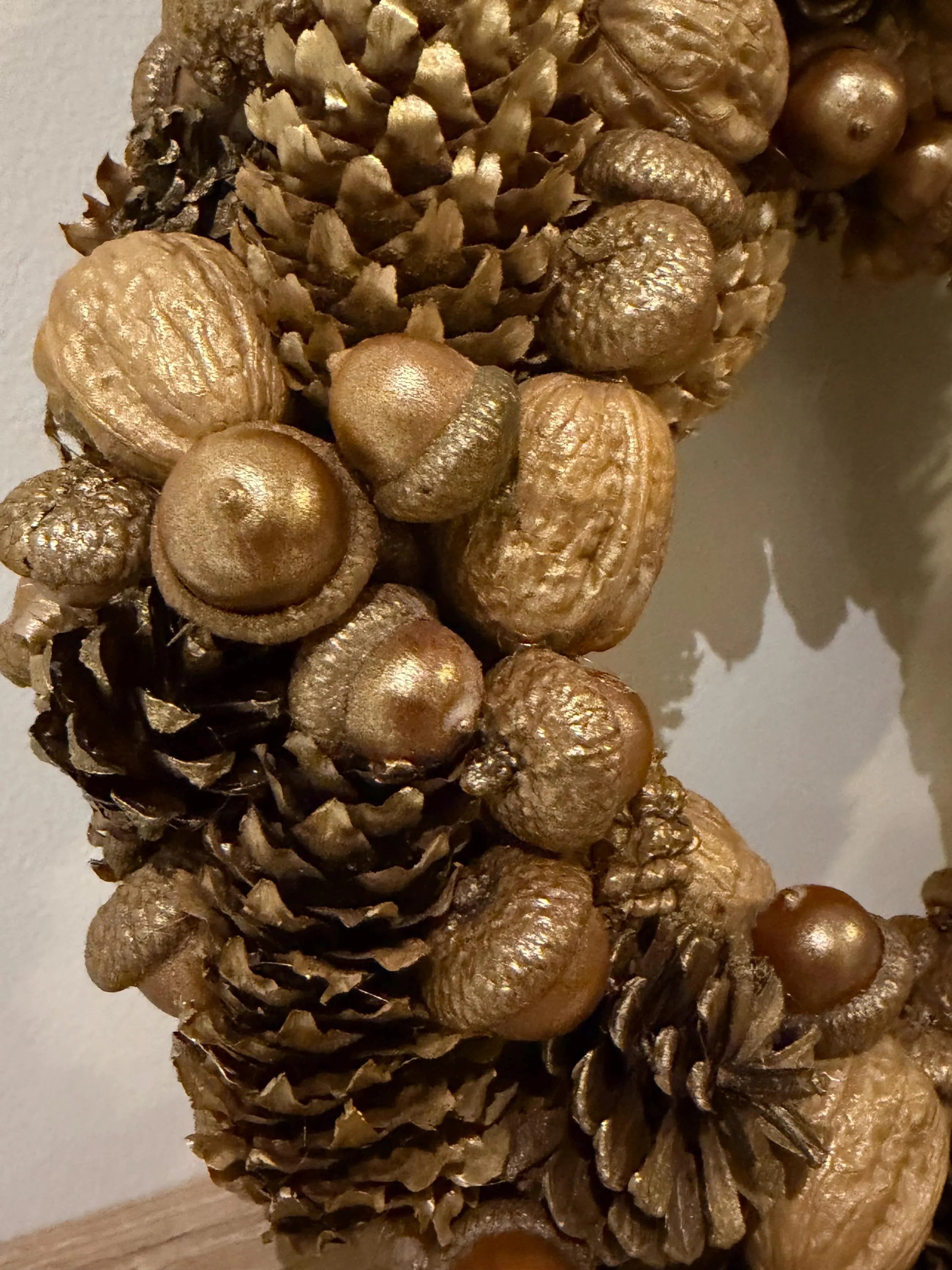 Handmade Gold Holiday Wreath, Natural Pinecones & Acorns