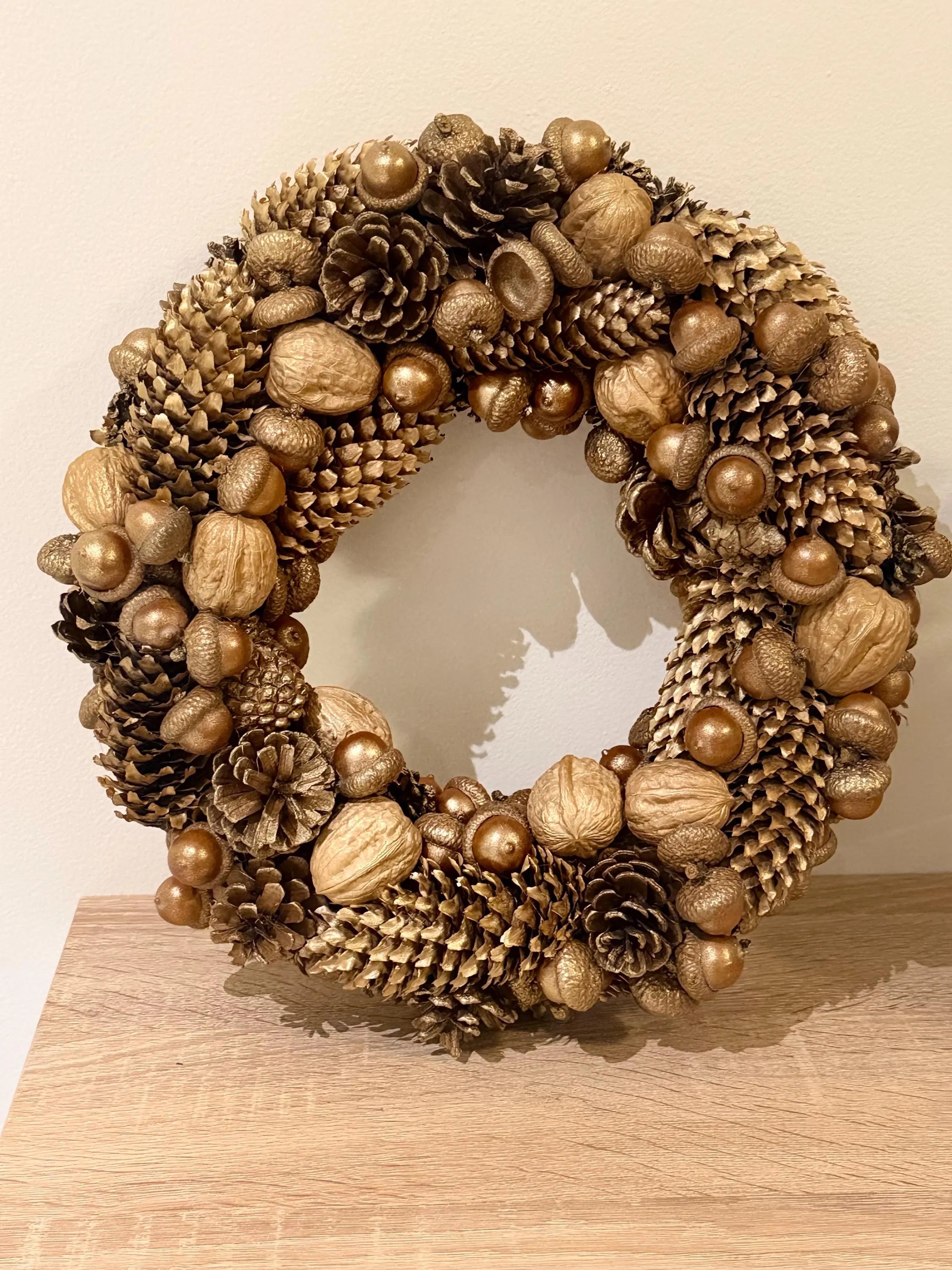 Handmade Gold Holiday Wreath, Natural Pinecones & Acorns