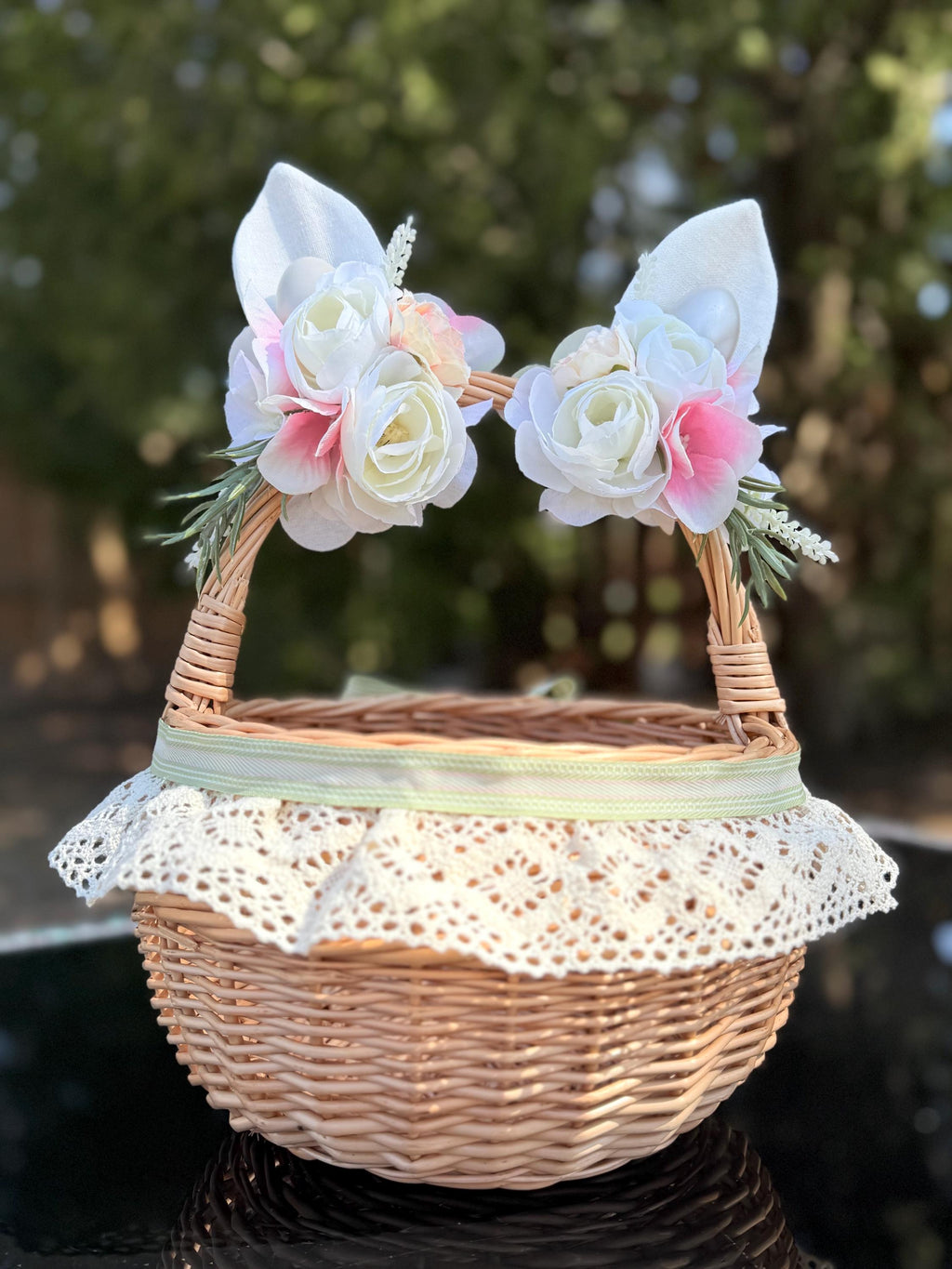 Handmade Wicker Easter Basket – Bunny Ears & Floral Decor