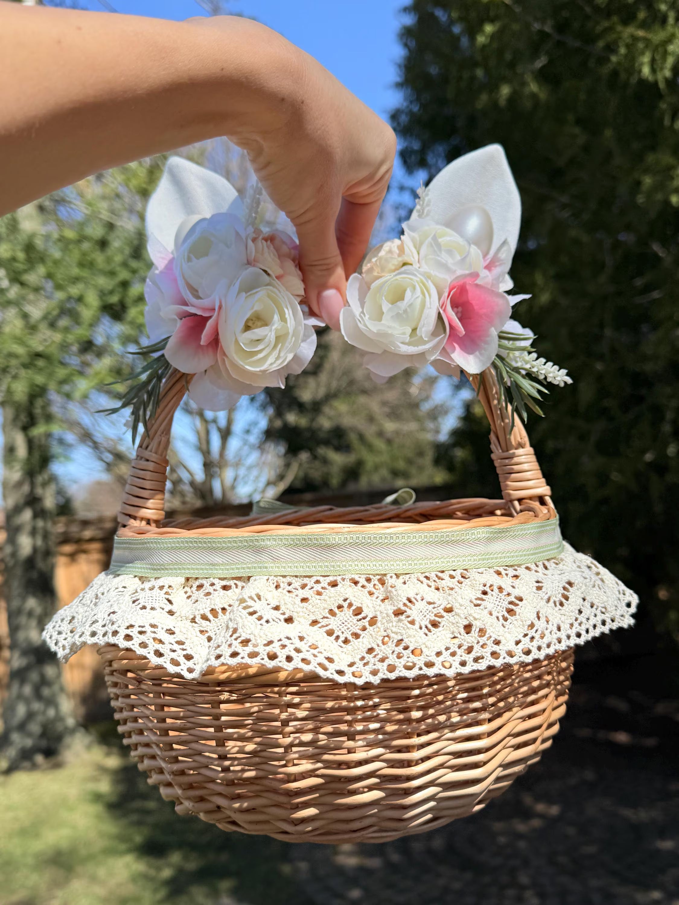 Handmade Wicker Easter Basket – Bunny Ears & Floral Decor
