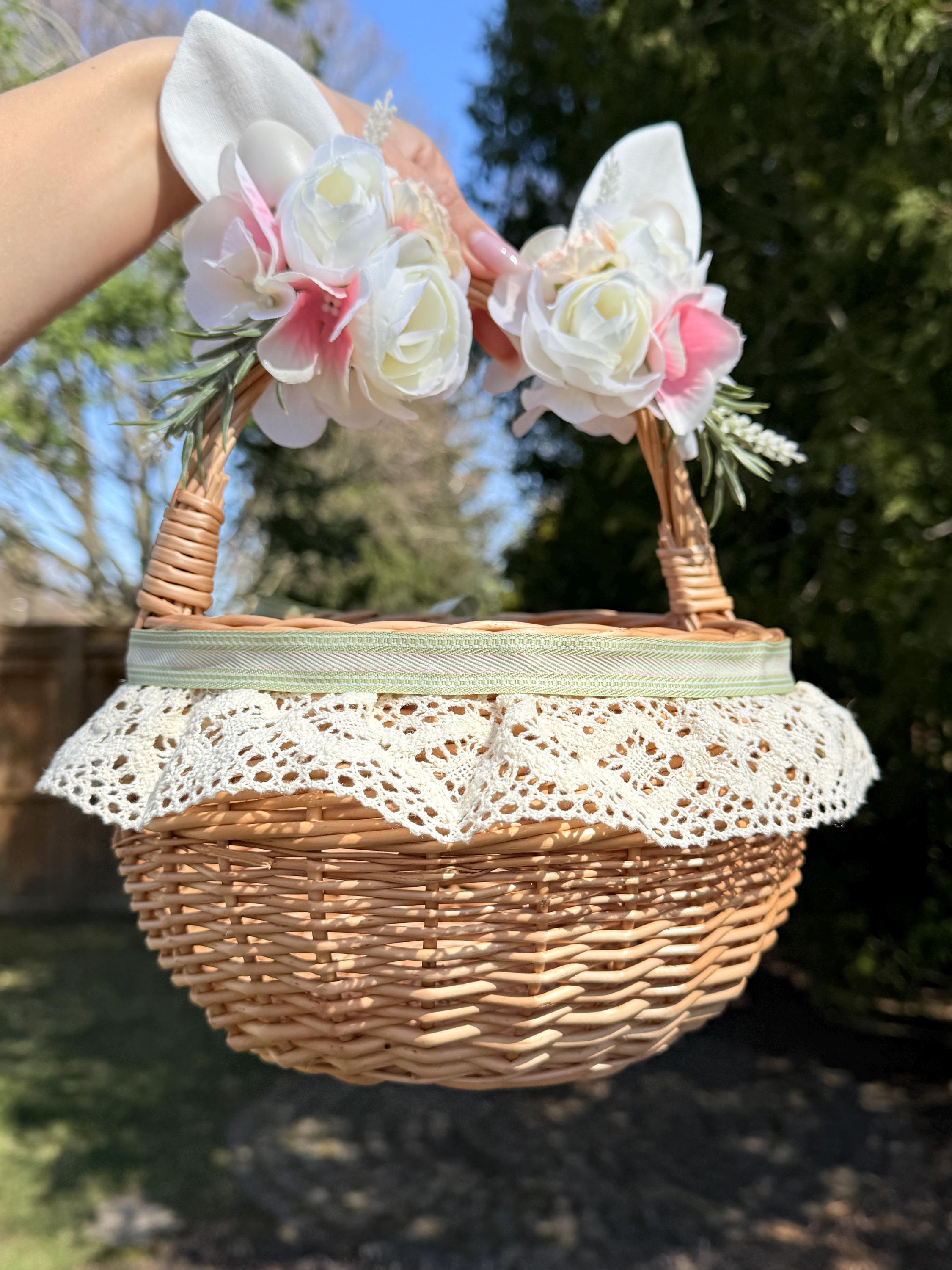 Handmade Wicker Easter Basket – Bunny Ears & Floral Decor
