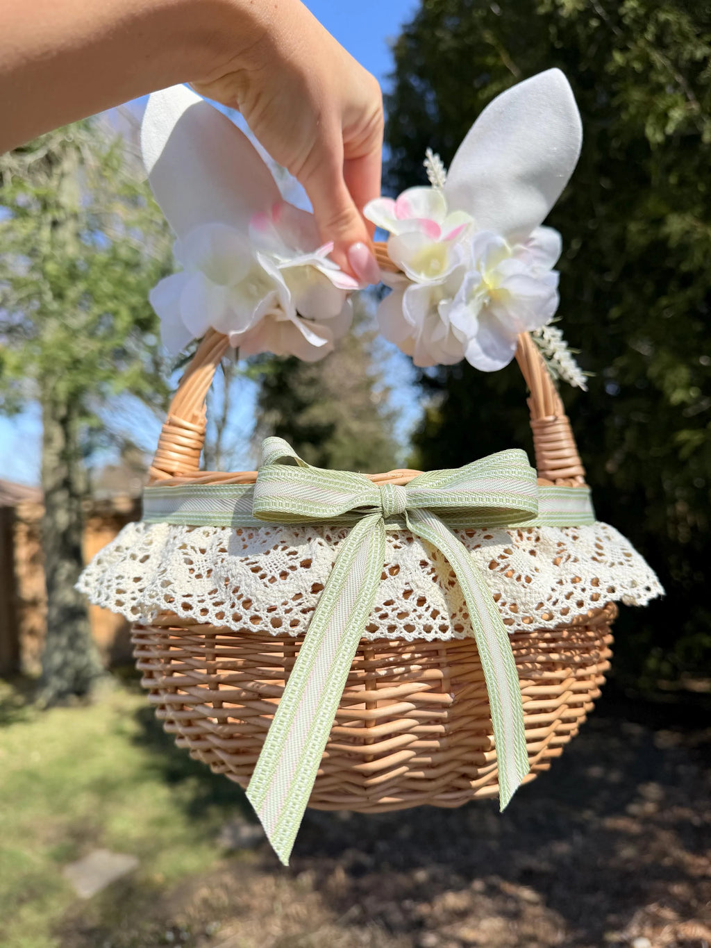 Handmade Wicker Easter Basket – Bunny Ears & Floral Decor