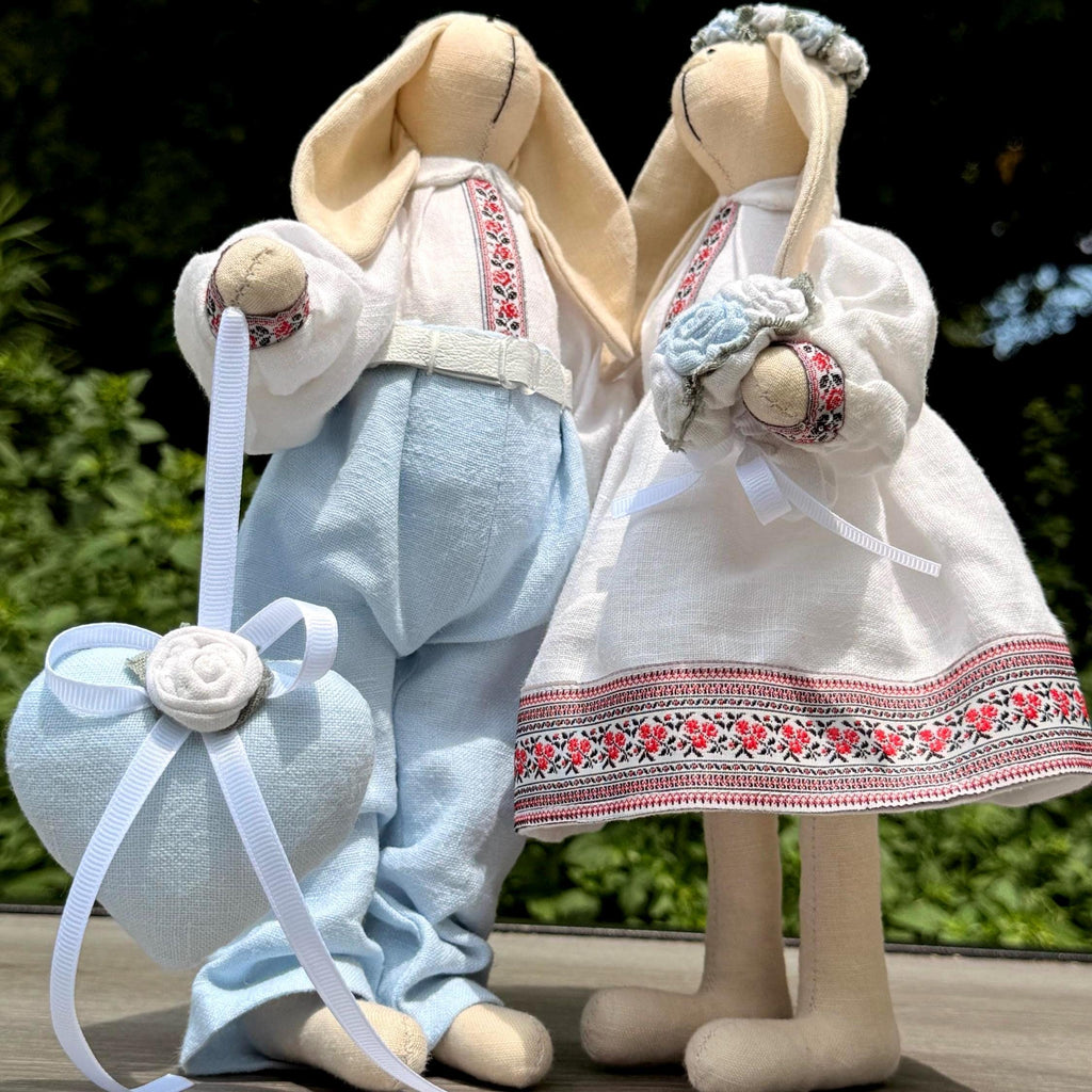 Handmade Bunny Couple Dolls: Ukrainian Outfit, Embroidered Folk Design