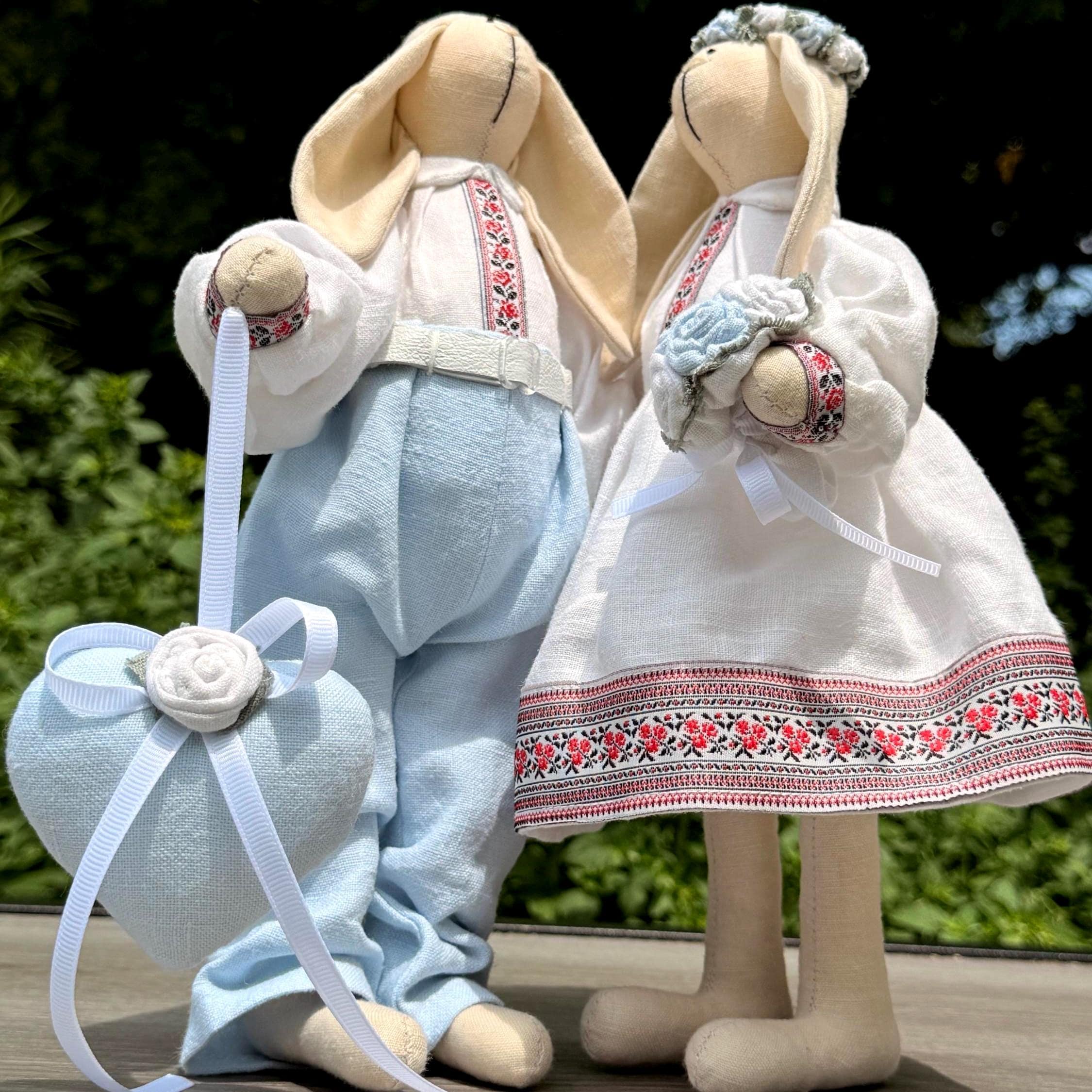 Handmade Bunny Couple Dolls: Ukrainian Outfit, Embroidered Folk Design
