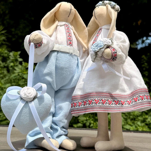 Handmade Bunny Couple Dolls: Ukrainian Outfit, Embroidered Folk Design