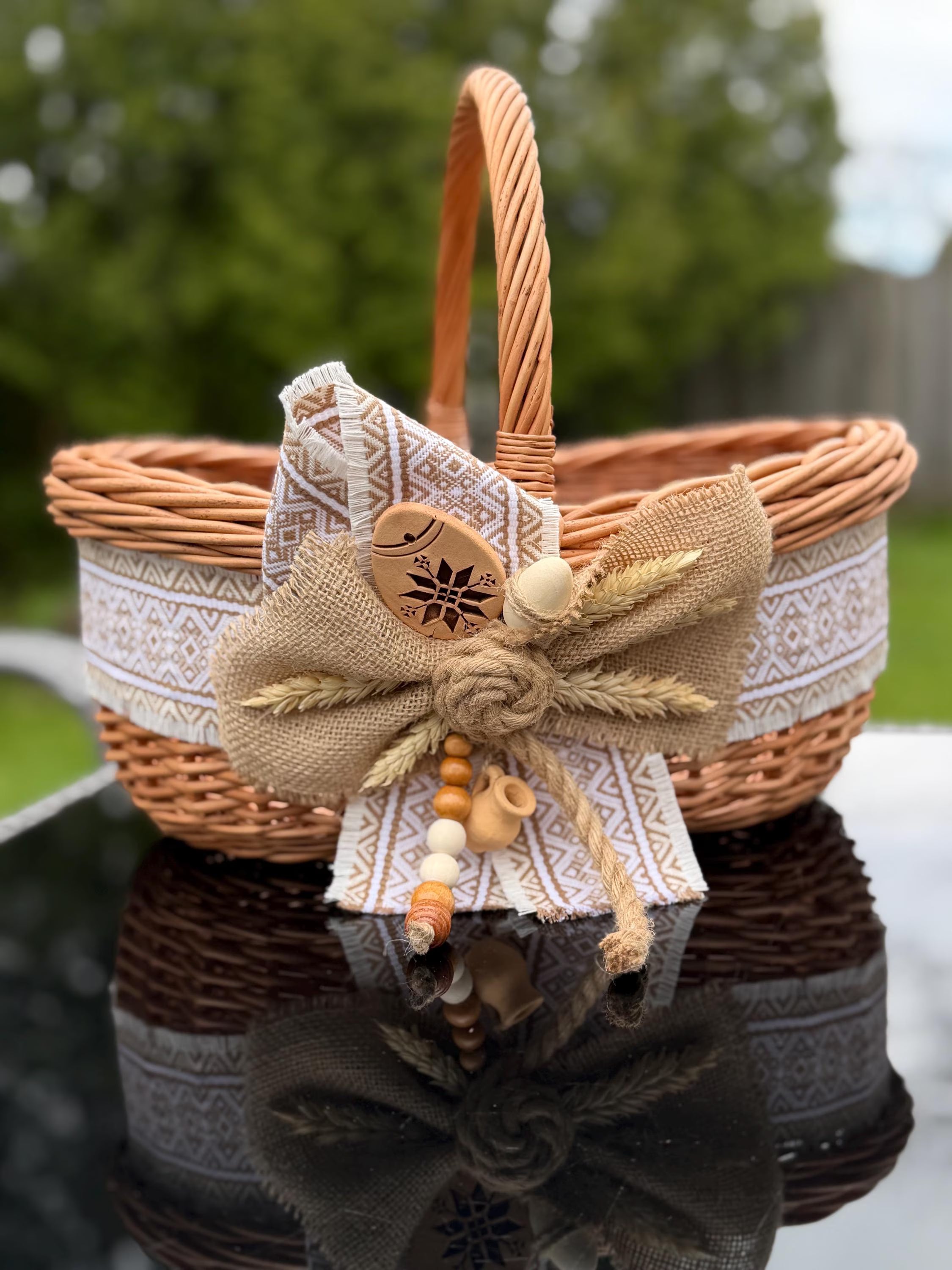 Ethnic Decorative Willow Basket with Ceramic Pysanka | Ukrainian Easter Basket | Handmade Home Decor