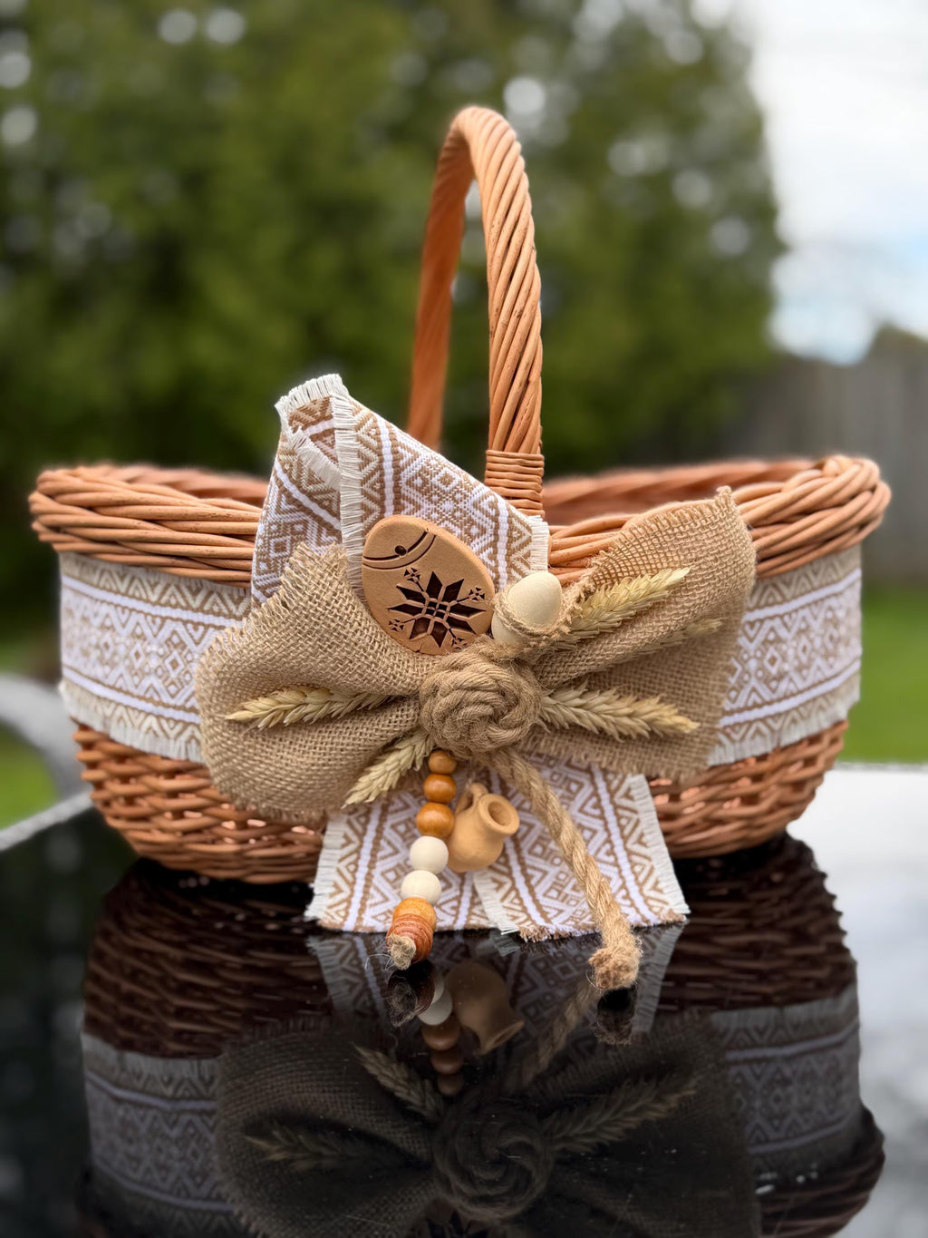 Ethnic Decorative Willow Basket with Ceramic Pysanka | Ukrainian Easter Basket | Handmade Home Decor