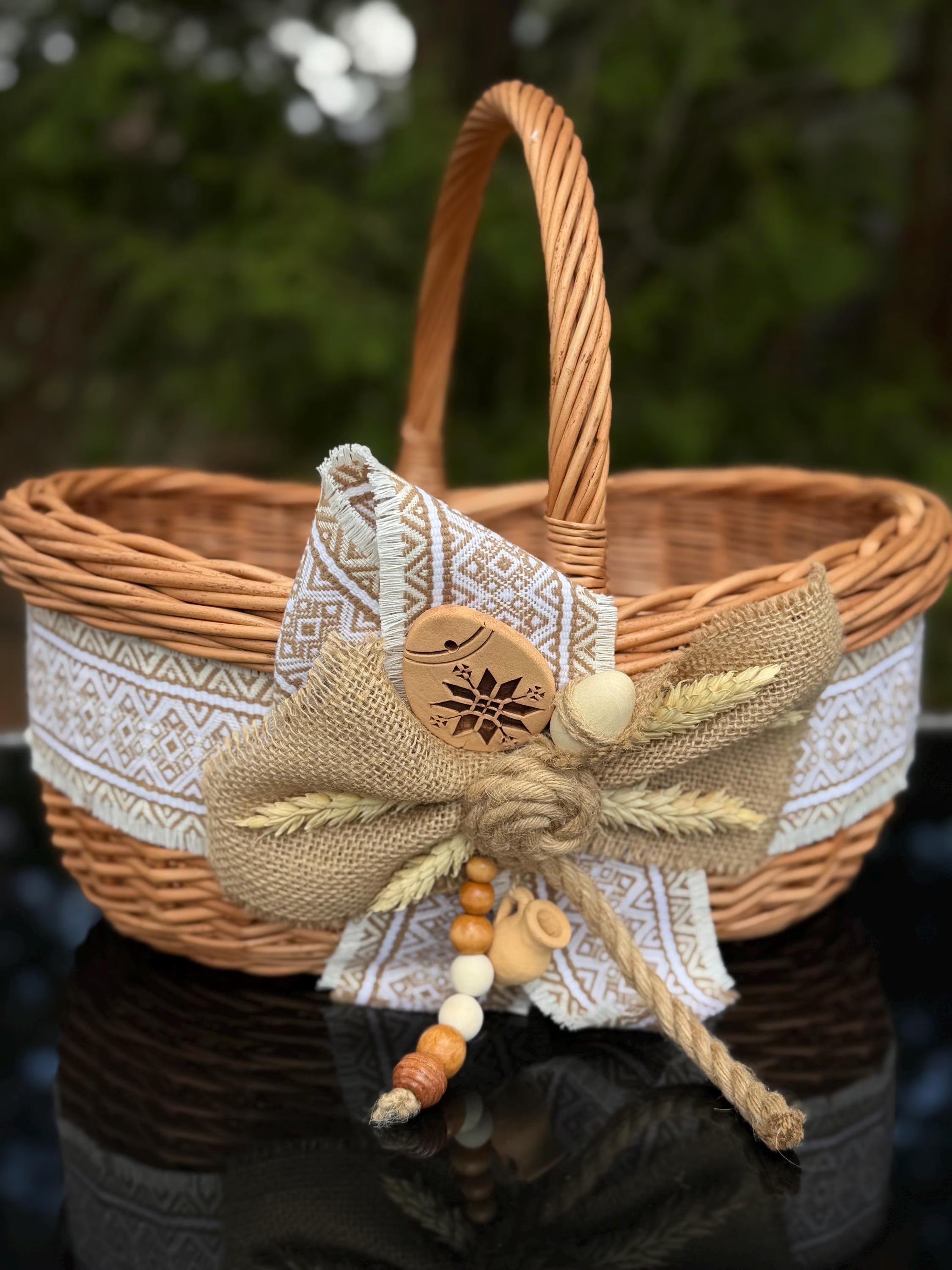 Ethnic Decorative Willow Basket with Ceramic Pysanka | Ukrainian Easter Basket | Handmade Home Decor