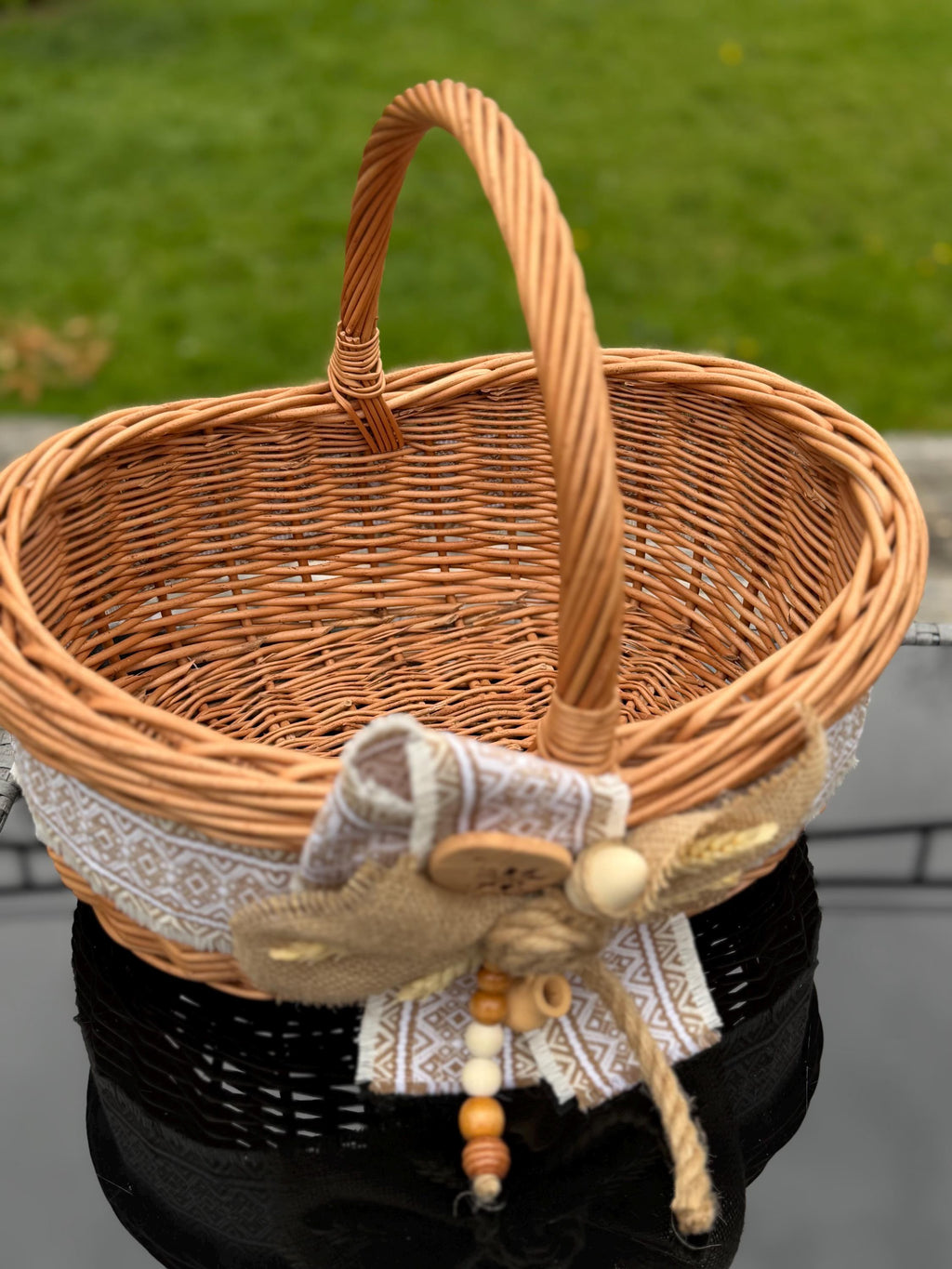 Ethnic Decorative Willow Basket with Ceramic Pysanka | Ukrainian Easter Basket | Handmade Home Decor