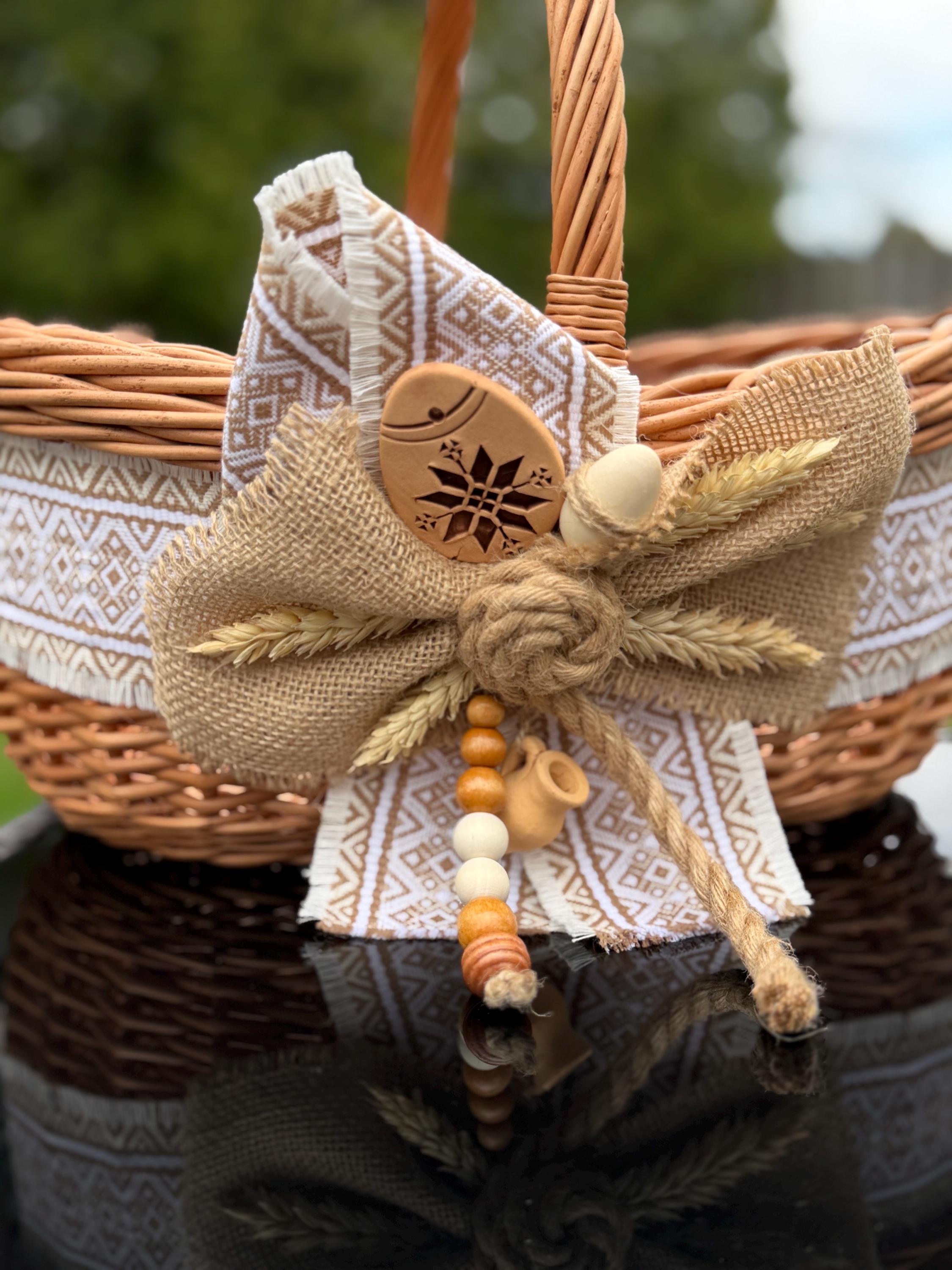 Ethnic Decorative Willow Basket with Ceramic Pysanka | Ukrainian Easter Basket | Handmade Home Decor