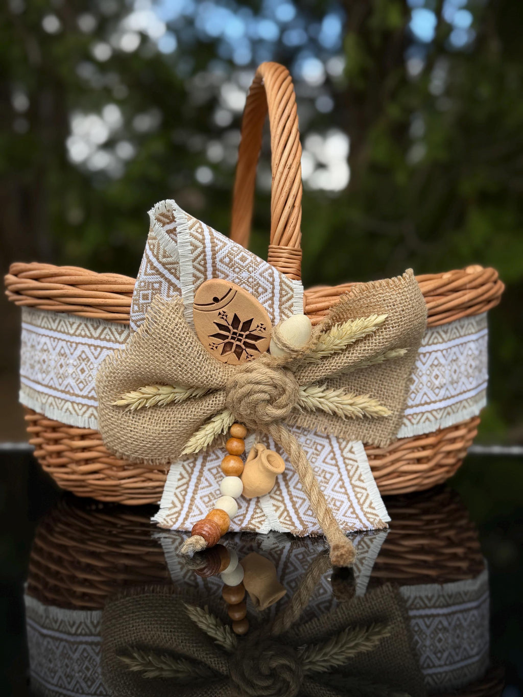 Ethnic Decorative Willow Basket with Ceramic Pysanka | Ukrainian Easter Basket | Handmade Home Decor